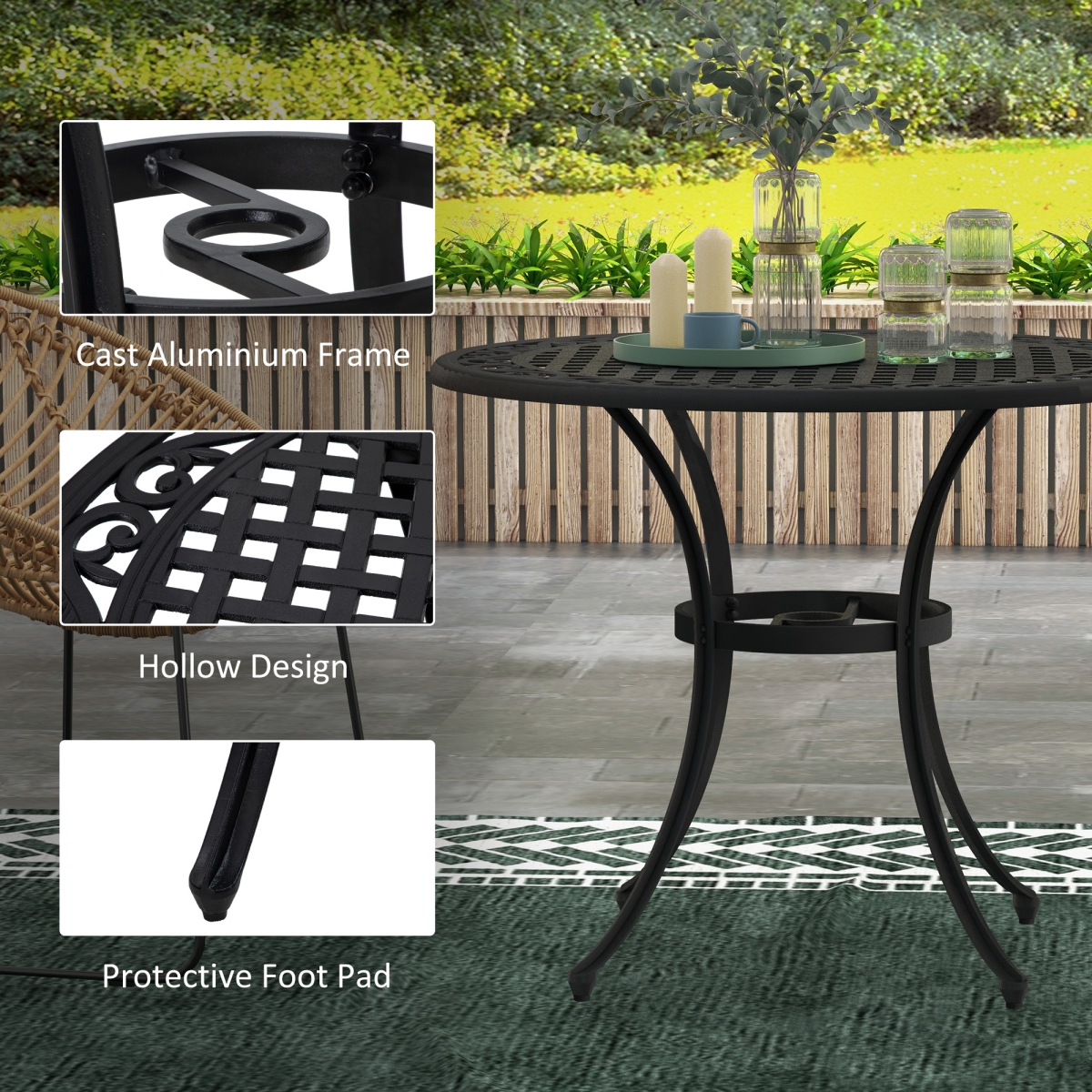 Outsunny 90cm Round Cast Aluminium Garden Table with 50mm Parasol Hole – Outdoor Patio Dining Table, Black