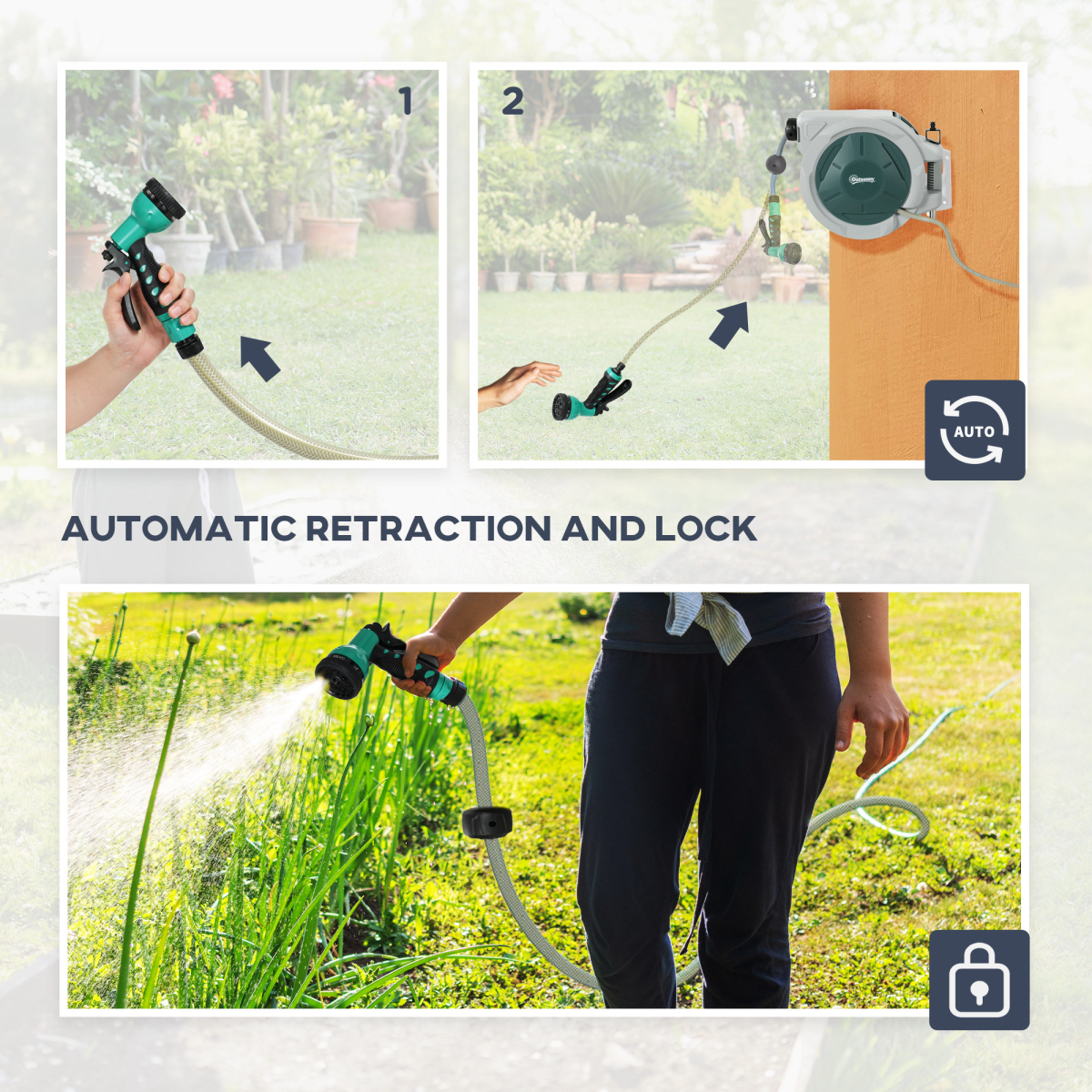 Outsunny 20m Retractable Garden Hose Reel with Lock, Wall Mounted – 7 Watering Patterns, Light Grey