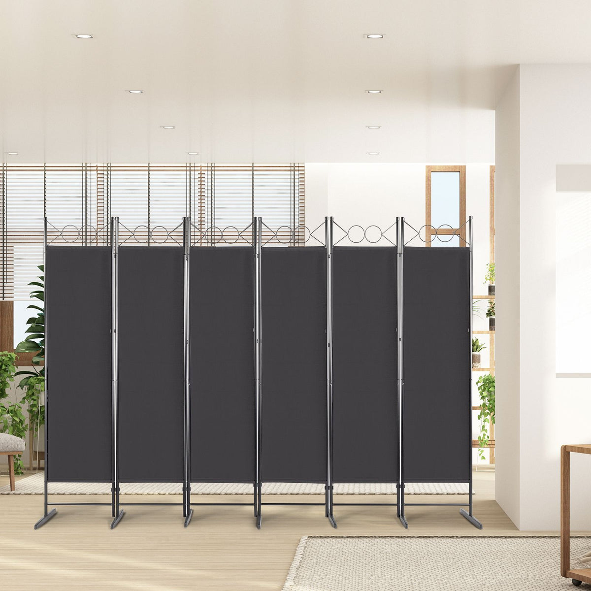 6-Panel Folding Room Divider Screen, 175cm Tall – Black Steel Frame with Polyester Fabric Panels