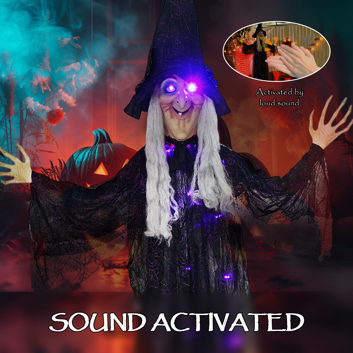 Outsunny Voice Activated Halloween Animatronics Witch, 183cm Life-Sized with Sound and Light Effects, Black