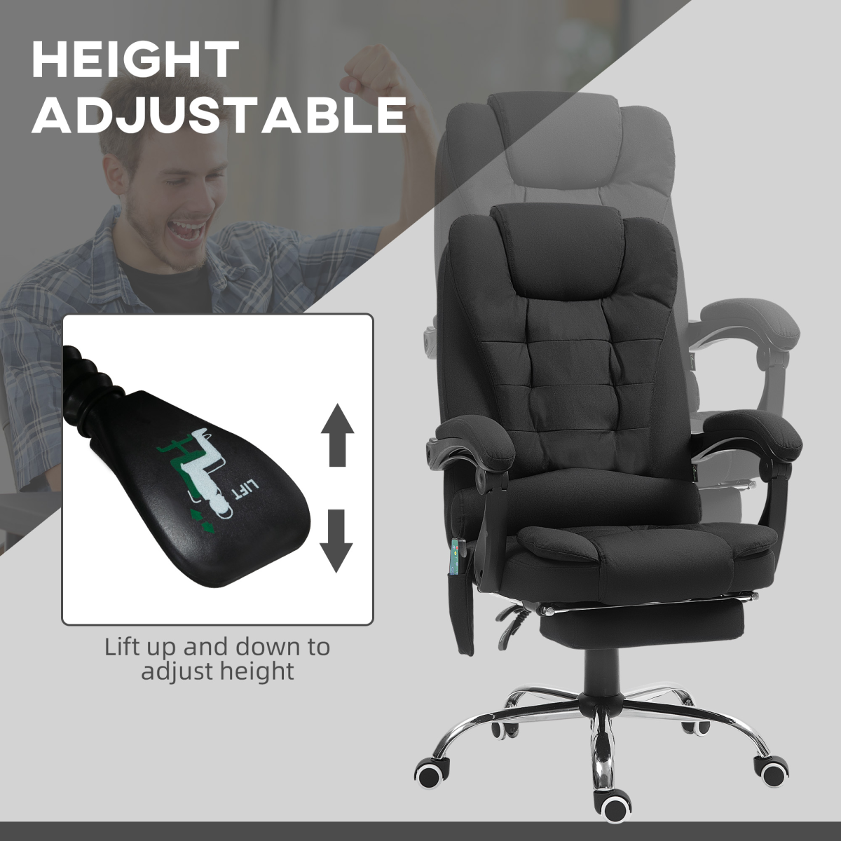 Vinsetto Heated Massage Office Chair with 6-Point Vibration, 135° Recline & Footrest – Black Linen-Feel