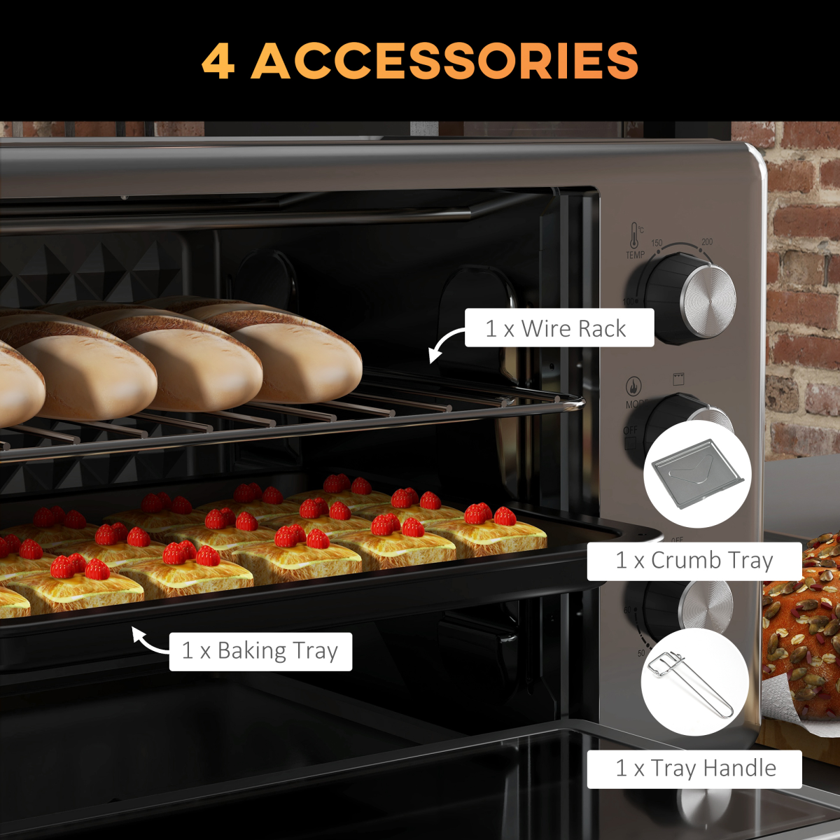 HOMCOM 30L Mini Oven with Adjustable Temp & 60 Min Timer, 1600W – Spacious Countertop Cooking, Silver