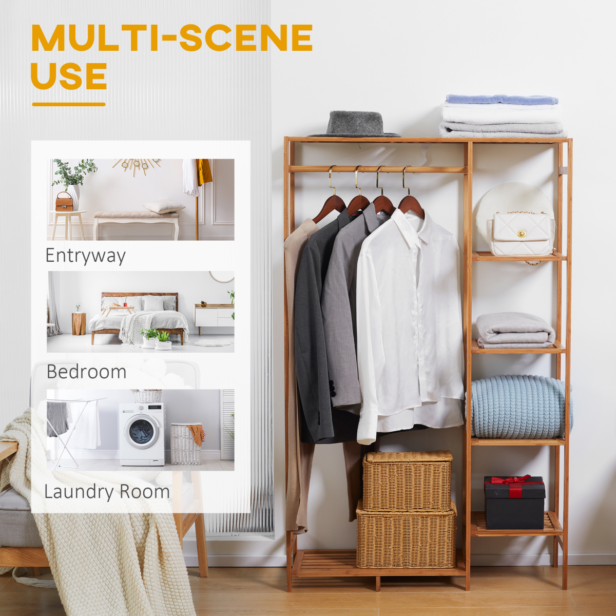 HOMCOM Bamboo Clothes Rail with 6-Tier Shelf & Hanging Rod – 145cm Open Wardrobe Garment Rack