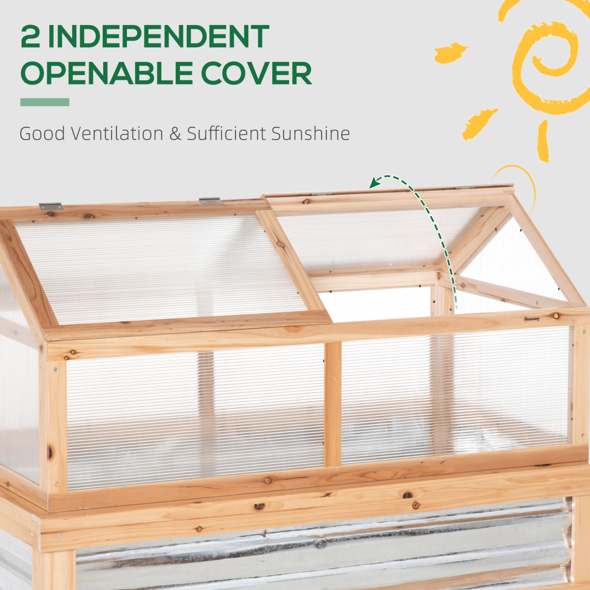 Wooden Raised Garden Bed with Polycarbonate Greenhouse Top – Fir Wood Planter Kit with Opening Roofs, Natural