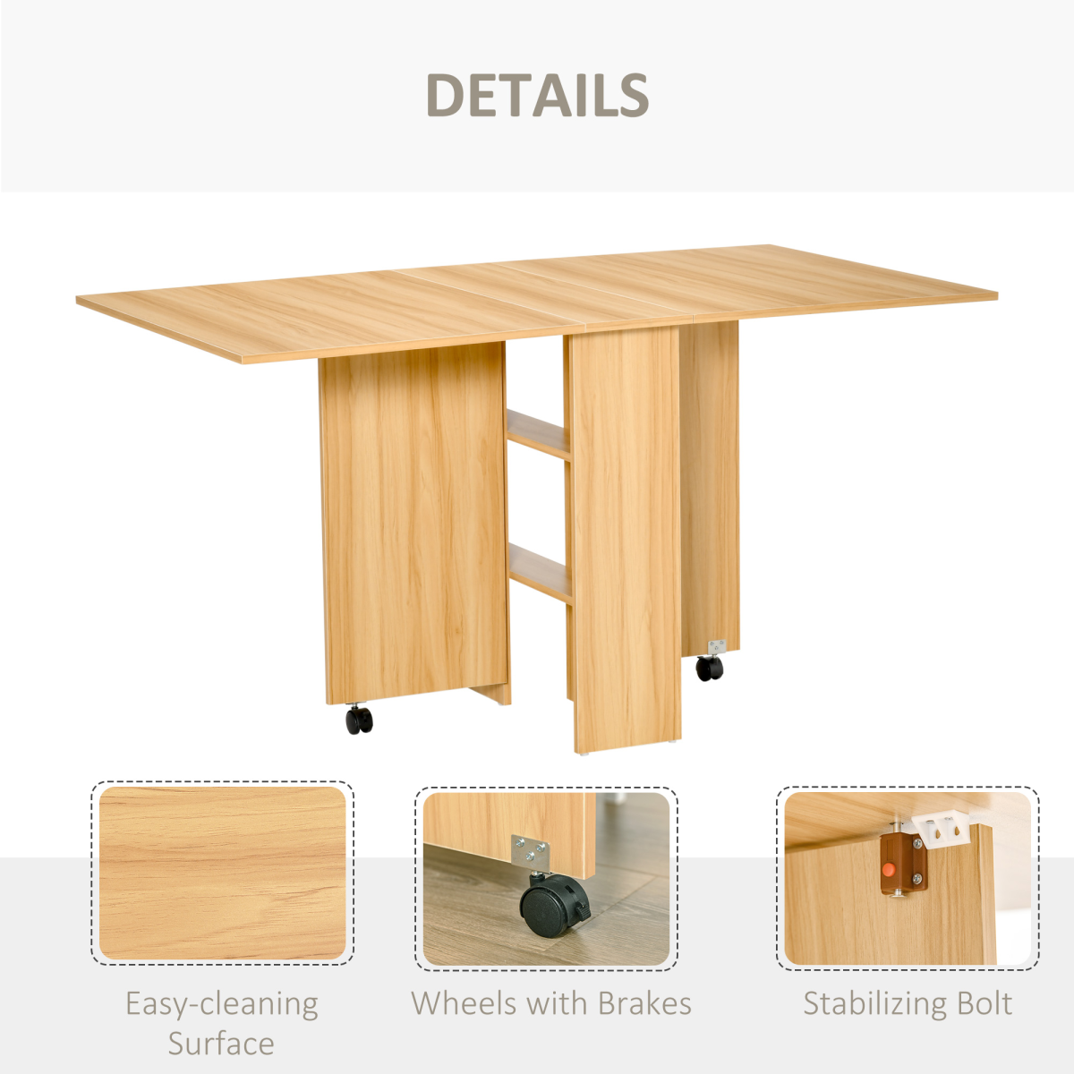 HOMCOM Folding Drop-Leaf Dining Table with 2 Storage Shelves & Lockable Wheels – Space-Saving, Teak