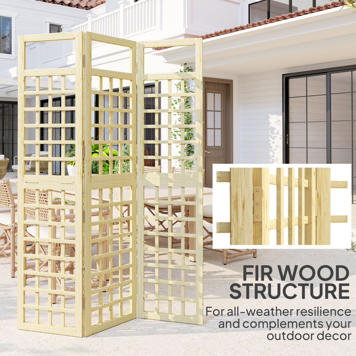 Outsunny 3-Panel Folding Wooden Garden Privacy Screen – Fir Wood Outdoor Divider, Natural Finish