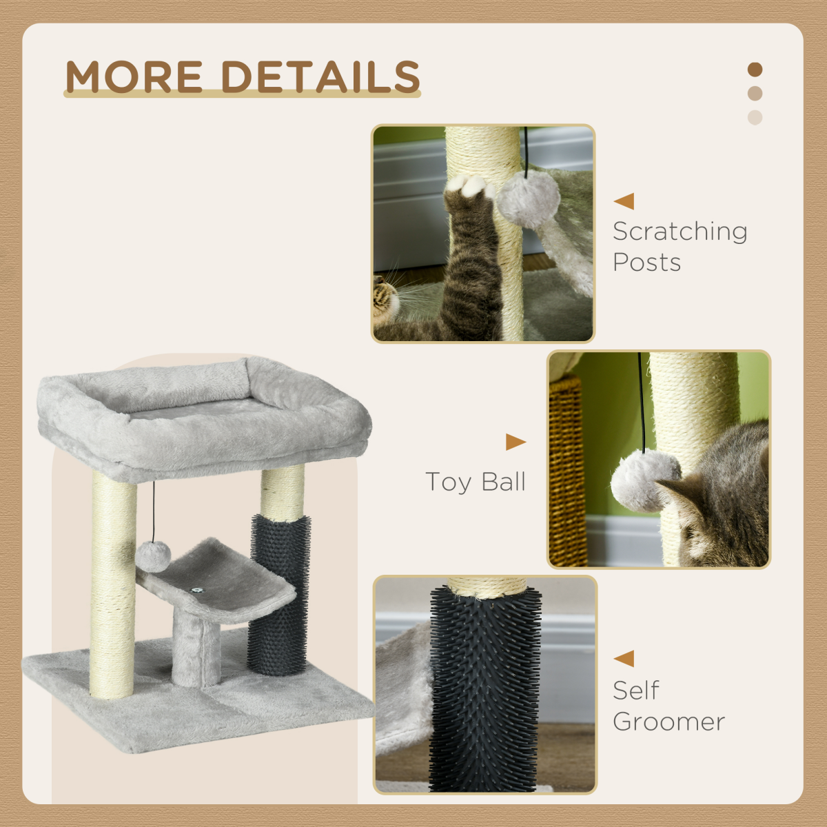 PawHut Small Cat Tree Tower with Sisal Scratching Posts, Bed, Perch, Self-Groomer and Toy – Grey