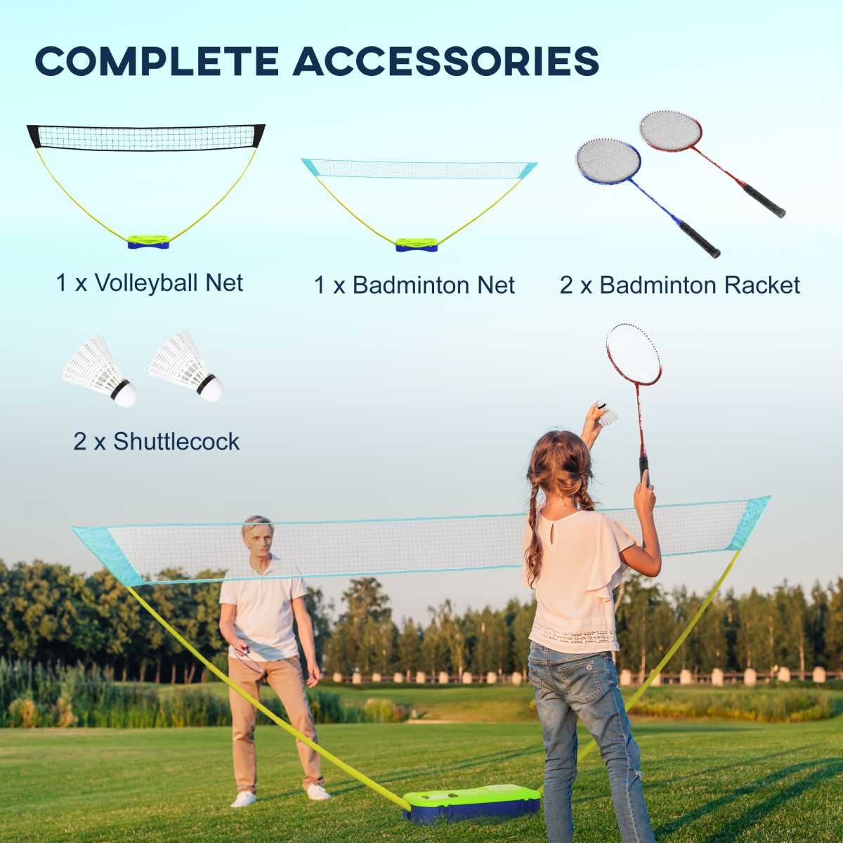 SPORTNOW Portable Badminton & Volleyball Net Set with Rackets, Shuttlecocks & Carry Case – Adjustable Garden Game