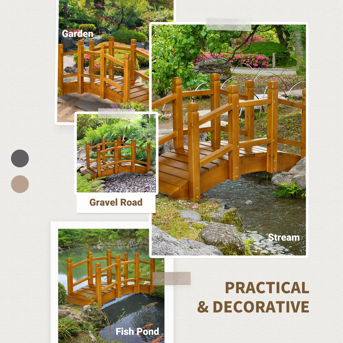 Outsunny Wooden Garden Bridge with Curved Safety Railings, 150kg Capacity – Arched Pond Footbridge