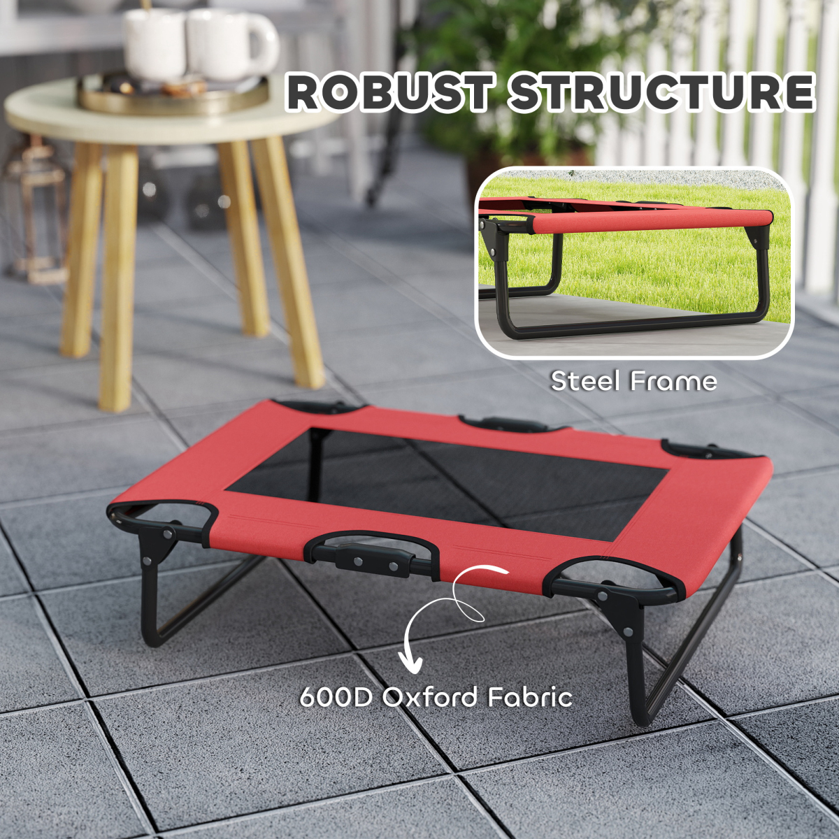Foldable Elevated Dog Bed with Breathable Texteline Mesh & Steel Frame – Raised Pet Bed for Small to Medium Dogs, Red