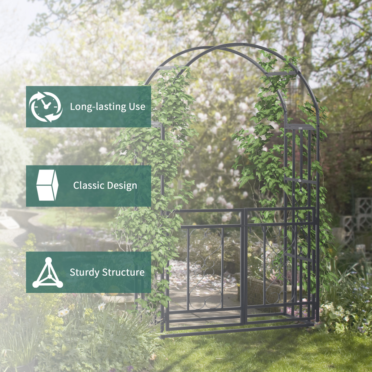 Outsunny Metal Garden Arch with Double Gate – Climbing Plant Arbour with Reinforced Frame, Dark Grey