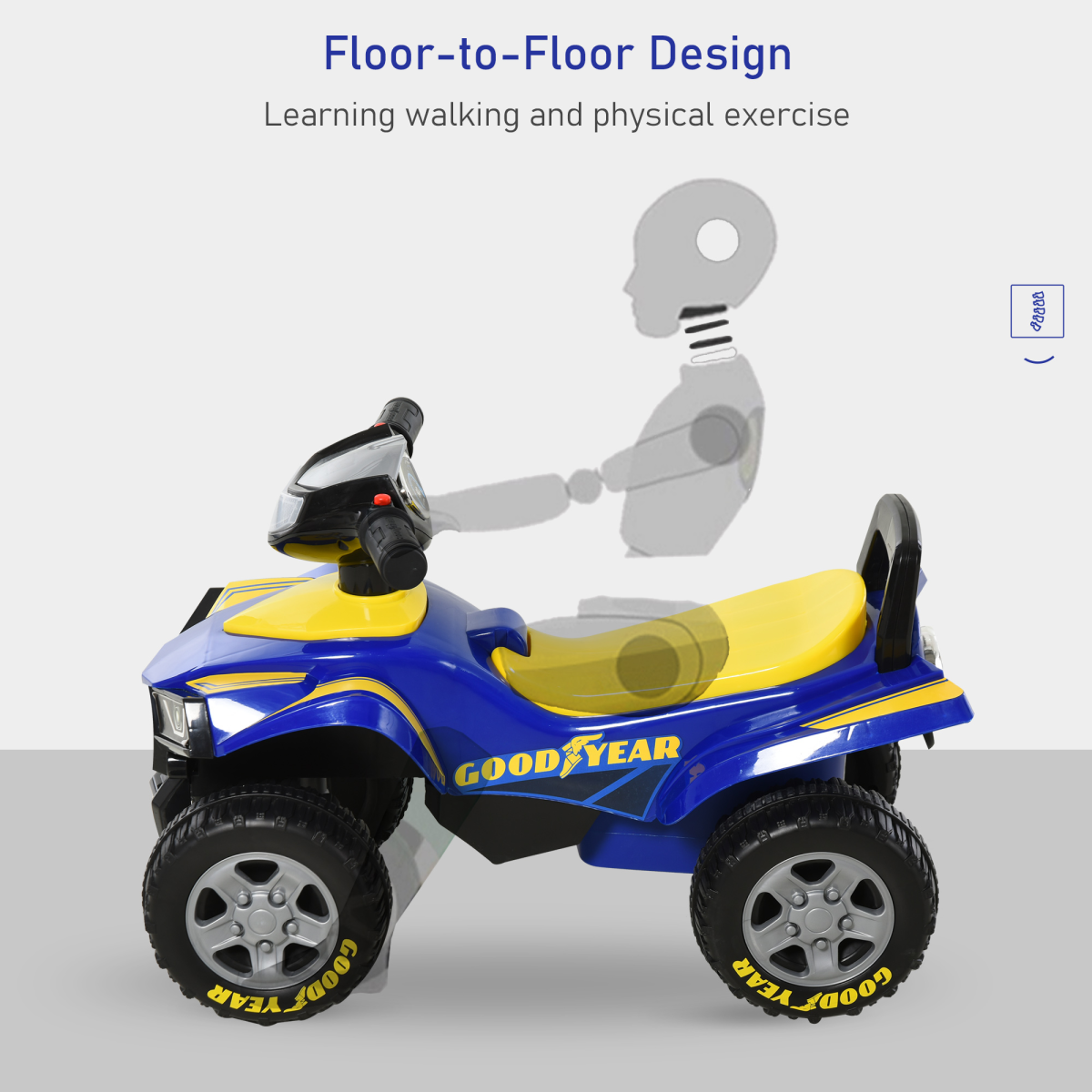 HOMCOM Goodyear Baby Quad Ride-On Walker with Lights, Horn & Storage – Sliding Toy for 18-36 Months, Blue and Yellow
