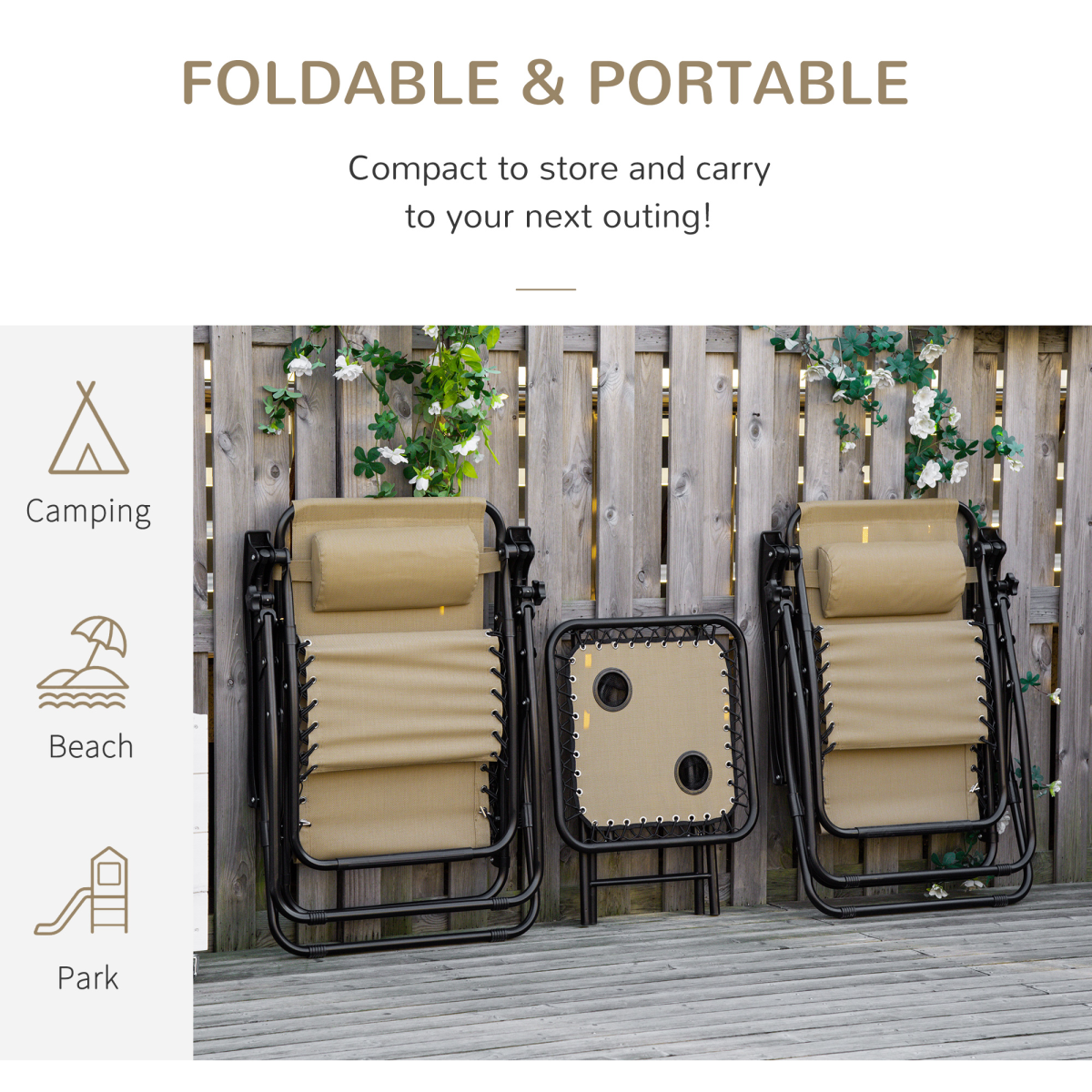 Outsunny 3-Piece Zero Gravity Chairs and Side Table Set with Cup Holders – Foldable Garden Sun Loungers, Beige