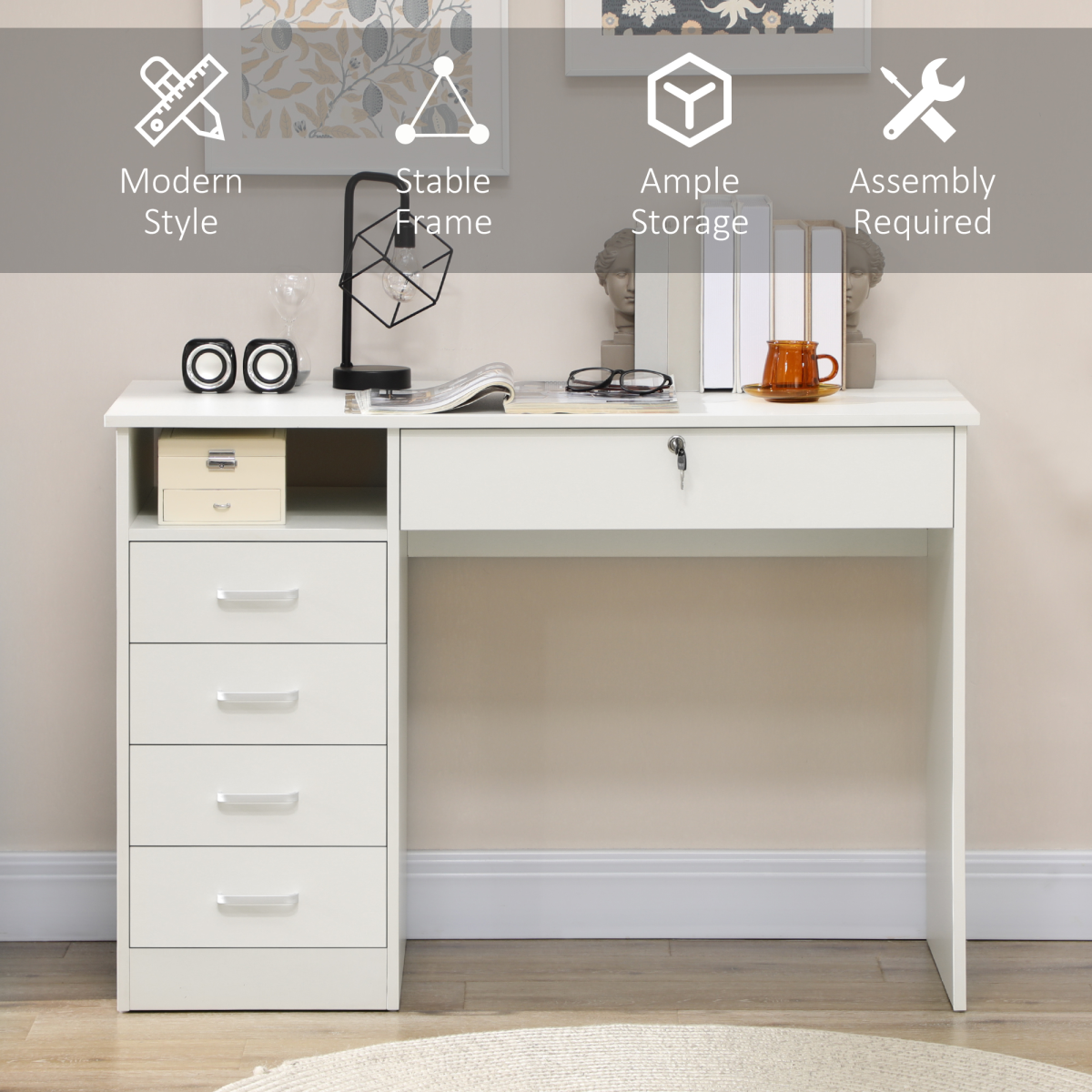 Computer Writing Desk with 5 Drawers & Lockable Drawer – White Home Office Desk with Open Shelf