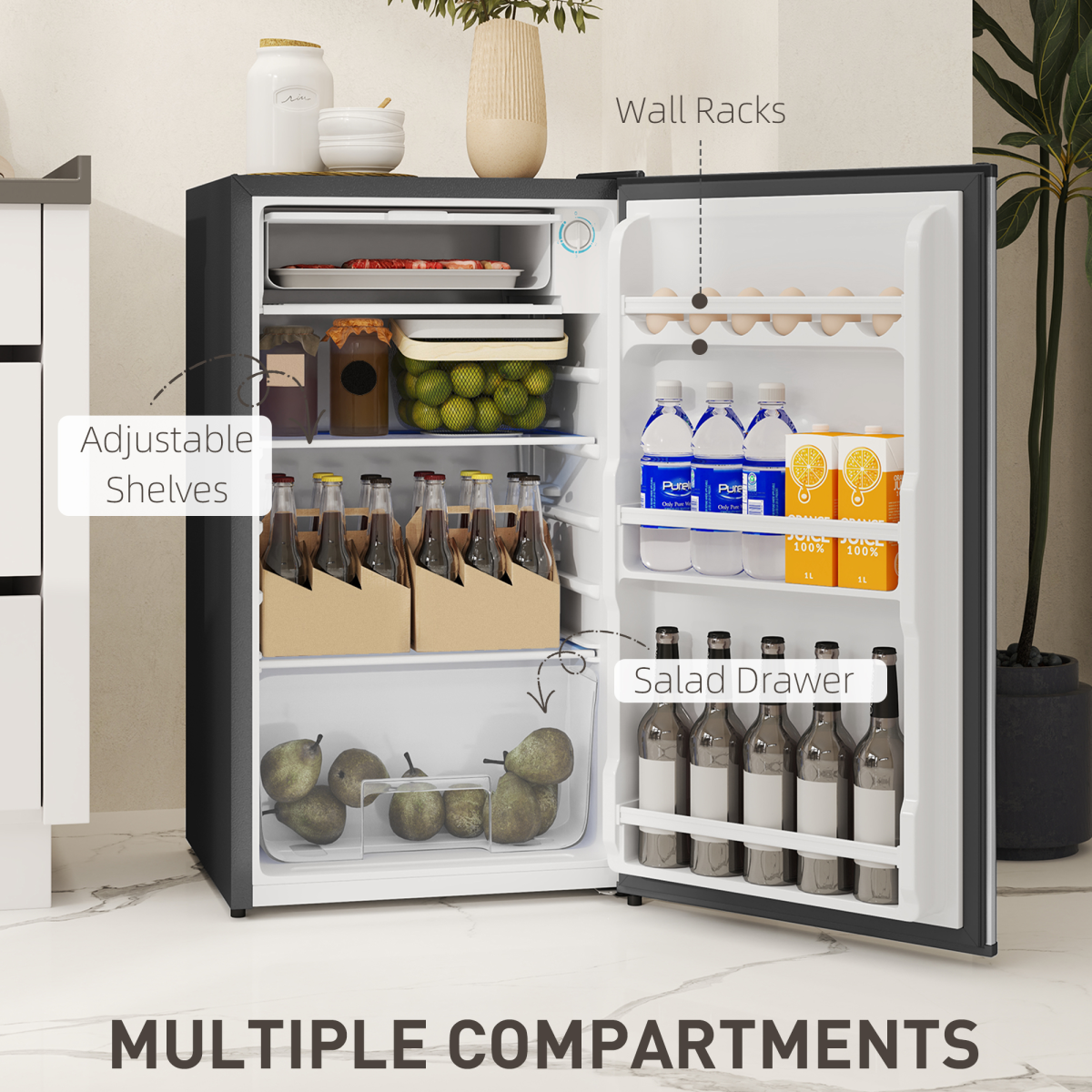 HOMCOM 91L Freestanding Under Counter Fridge with Adjustable Shelves & Salad Drawer – Silver Tone