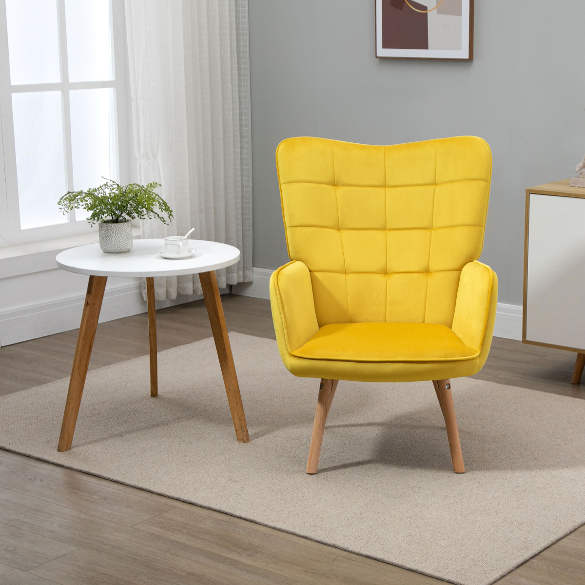 HOMCOM Velvet-Touch Tufted Wingback Accent Armchair with Wooden Legs – Living Room and Bedroom Chair, Yellow