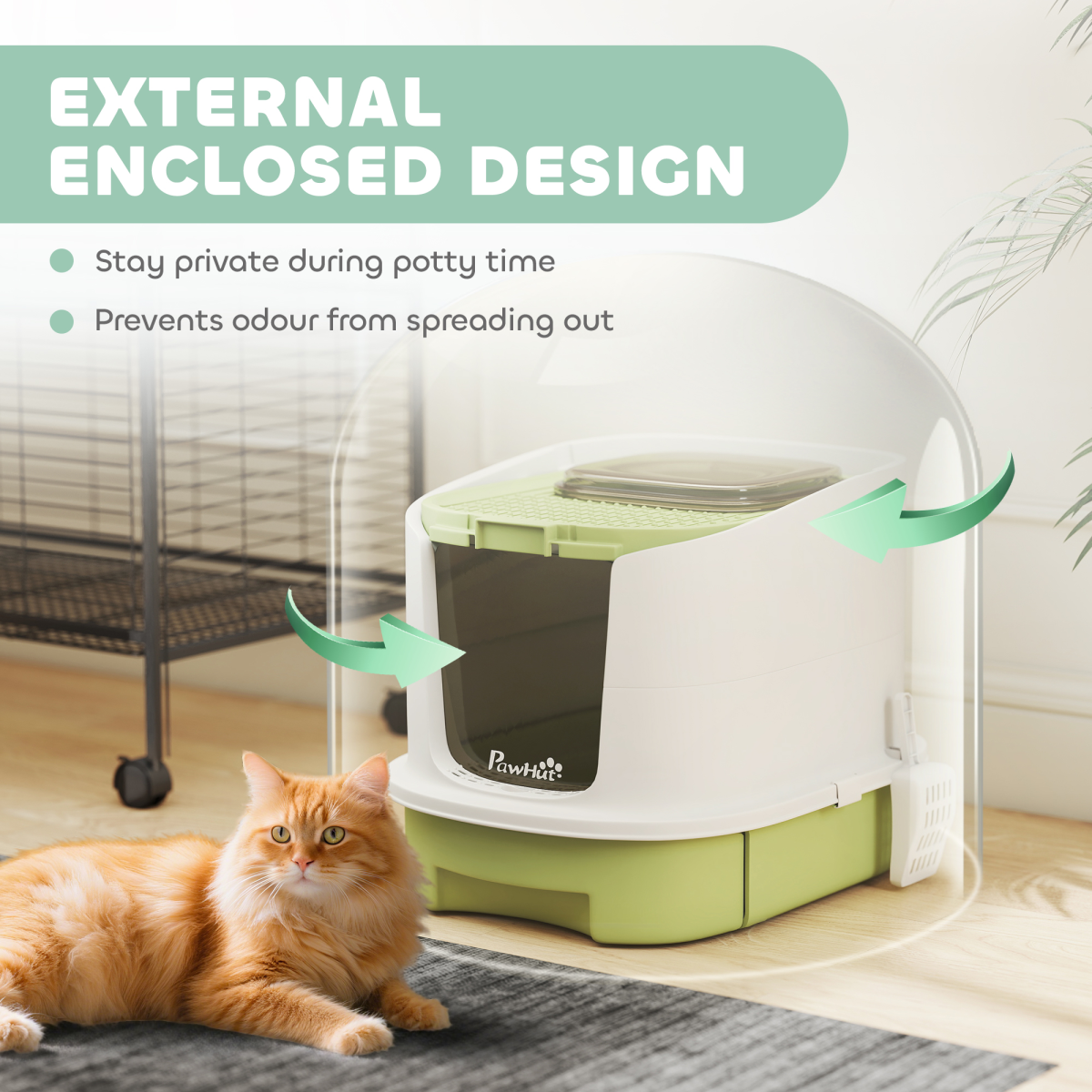 Enclosed Cat Litter Box with Top Exit, Removable Drawers, Scoop & Deodorisation Bags – Green, White and Black