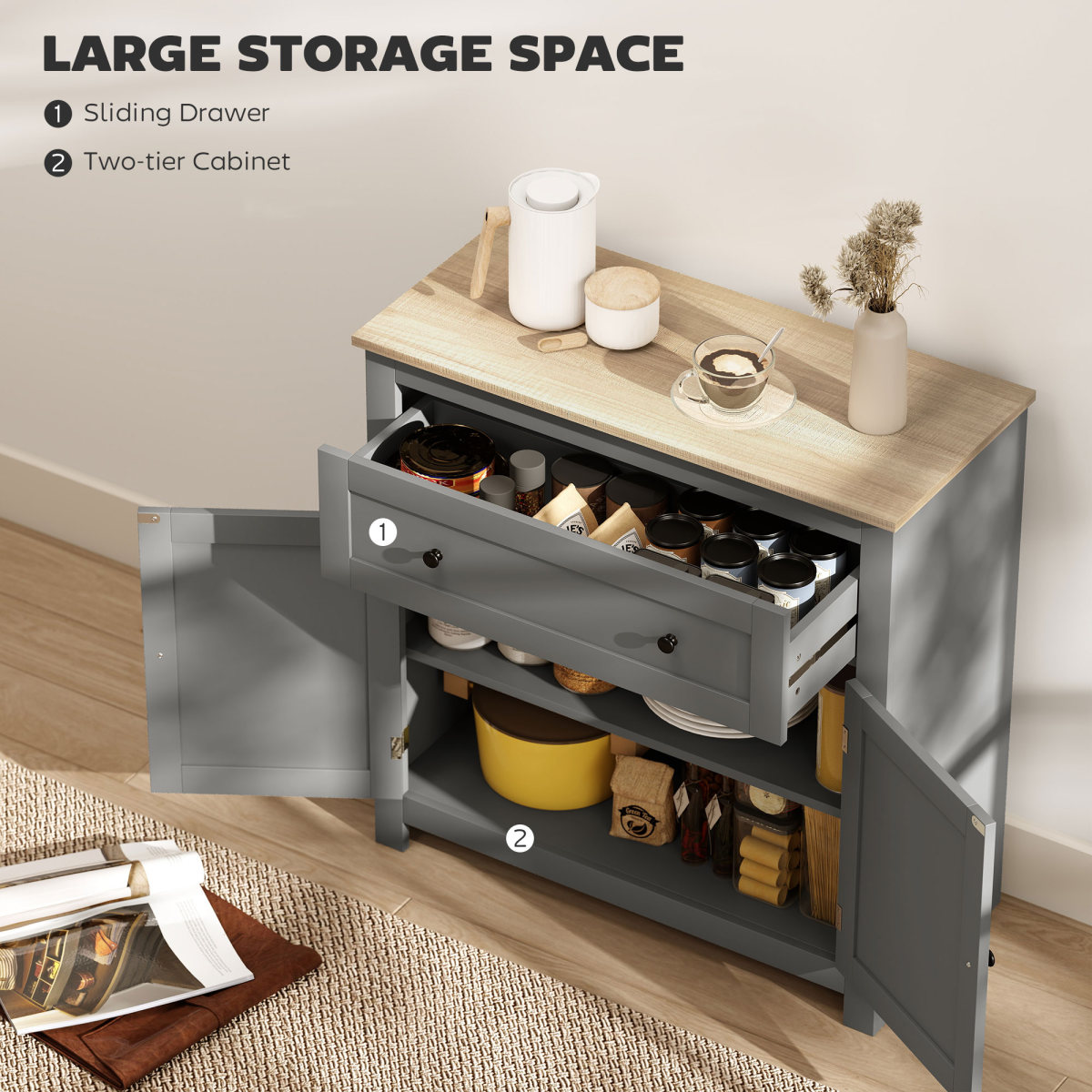 Kitchen Sideboard Storage Cabinet with Drawer & Adjustable Shelves – Freestanding Cupboard, Grey and Oak
