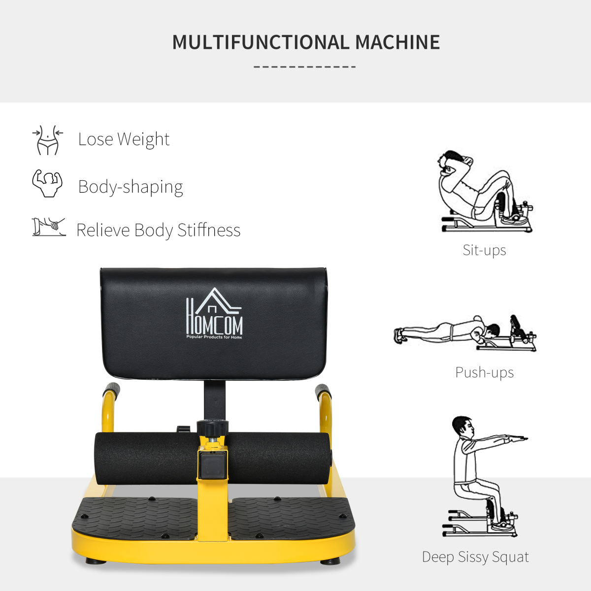 HOMCOM 3-in-1 Sissy Squat Machine with Sit-Up & Push-Up Functions – Adjustable Leg Exercise Bench for Home Gym