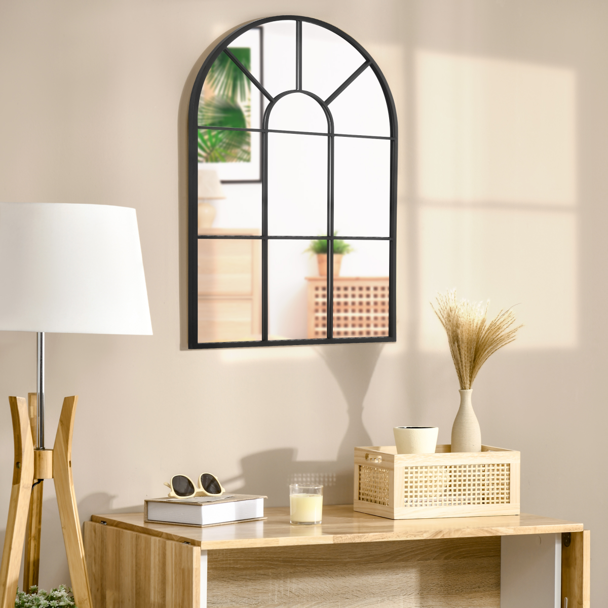 HOMCOM Modern Arched Window Wall Mirror, 91 x 60cm – Black Frame with Grid Design for Living Room & Hallway