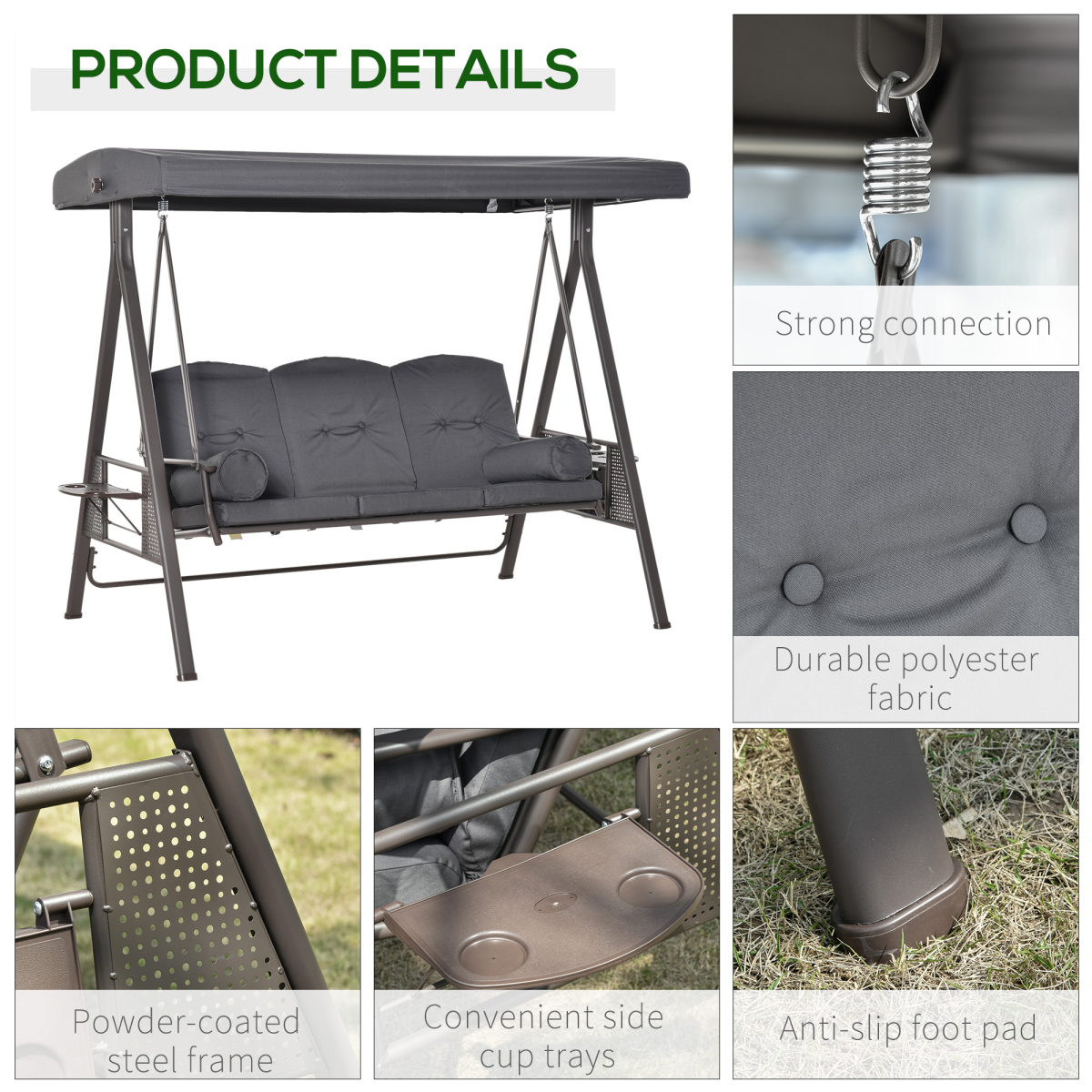 Outsunny Heavy Duty Steel 3 Seater Garden Swing Chair with Canopy & Cushions – Patio Furniture