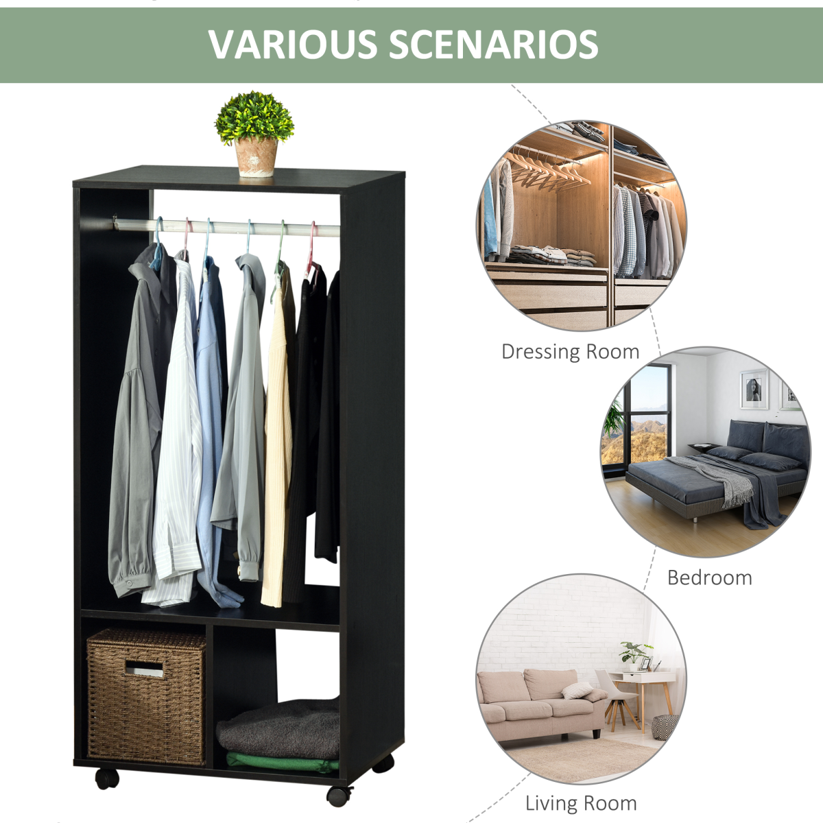 HOMCOM Black Open Wardrobe Clothes Rail with Shelves – Modern Hanging Storage