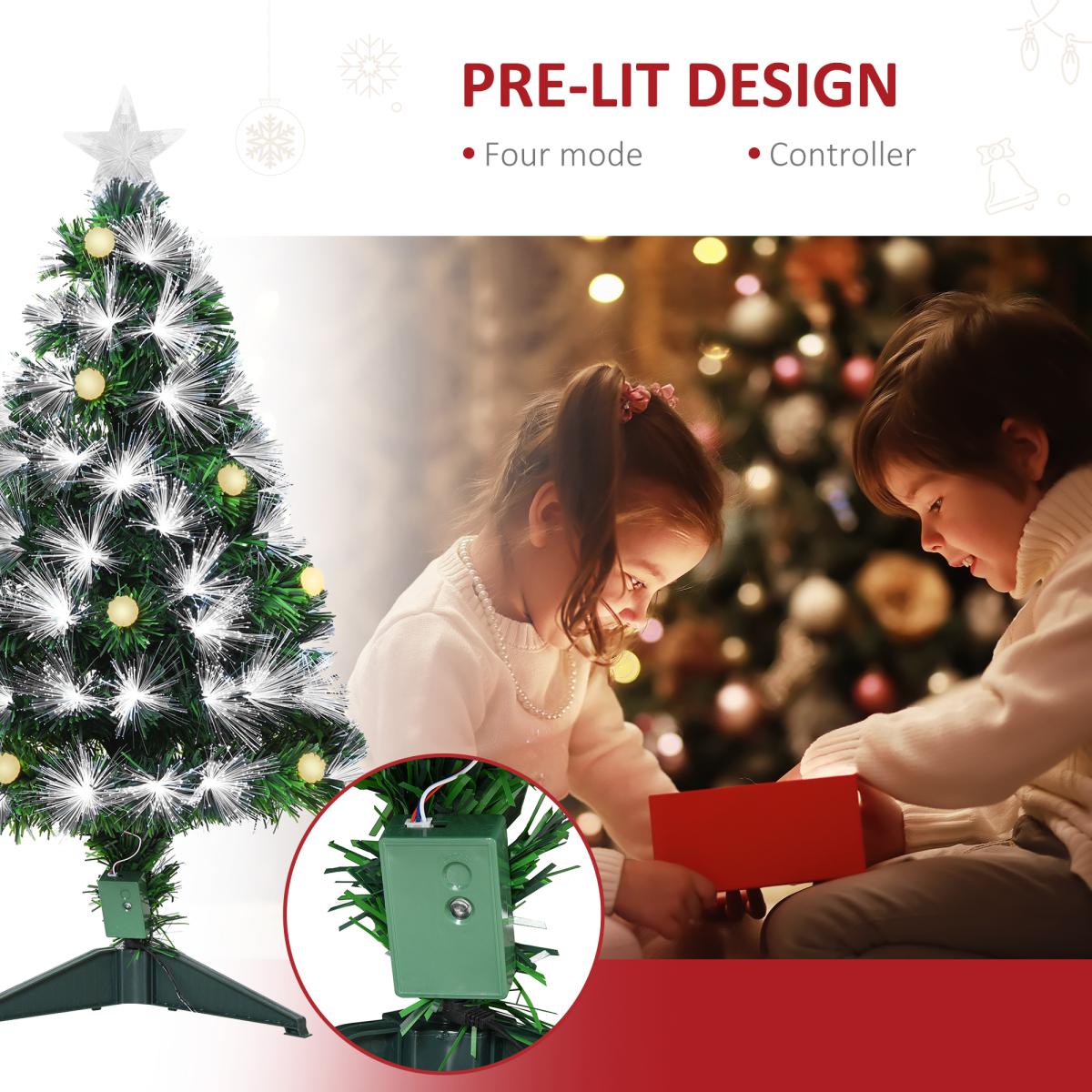 HOMCOM 3ft White Light Christmas Tree with 90 LEDs, Star Topper and Tri-Base – Pre-Lit Home Decoration