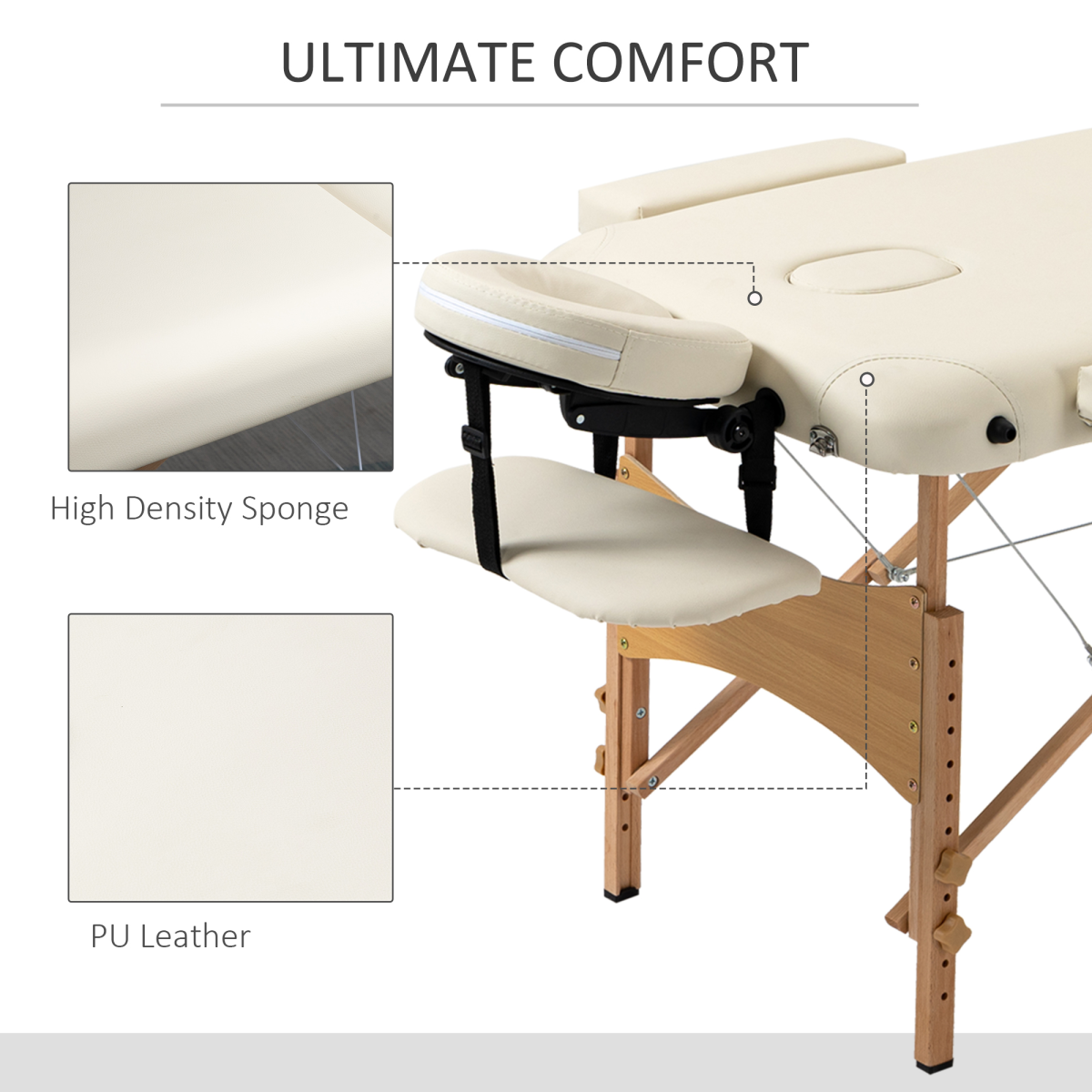 HOMCOM Portable Folding Massage Table with 2 Sections, Wooden Frame & Carry Bag – Spa Beauty Bed, Cream