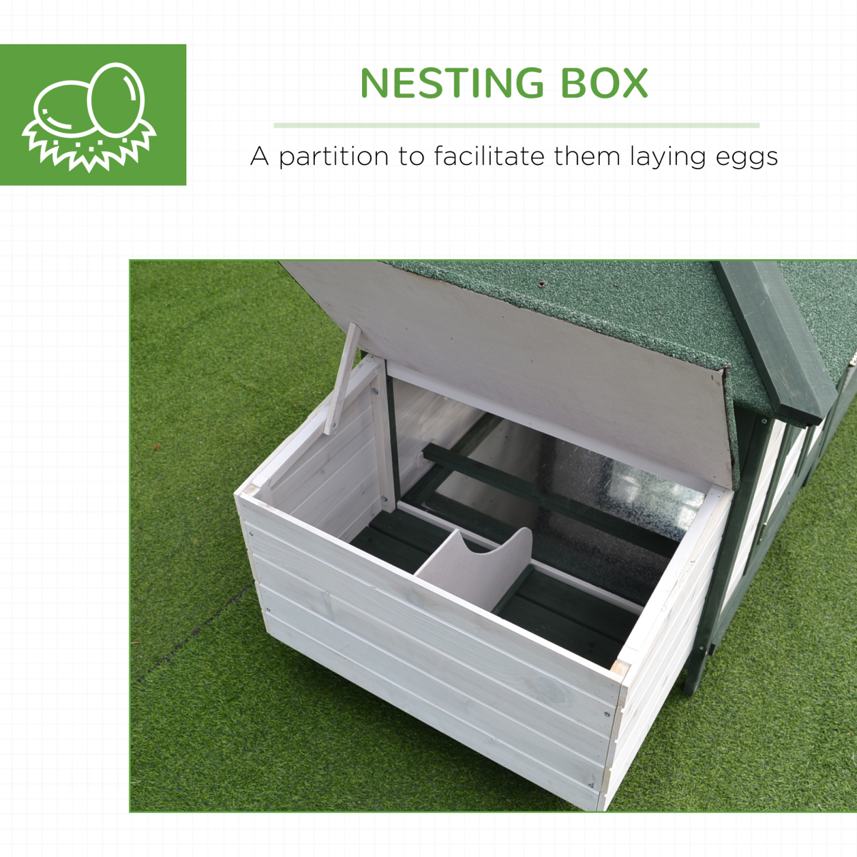 PawHut Wooden Chicken Coop with Nesting Box, Outdoor Run & Removable Tray – Elevated Poultry House, Green