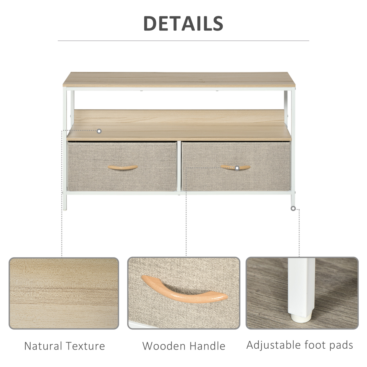 HOMCOM TV Cabinet with 2 Foldable Linen Drawers & Open Shelf – Living Room Media Storage, Maple