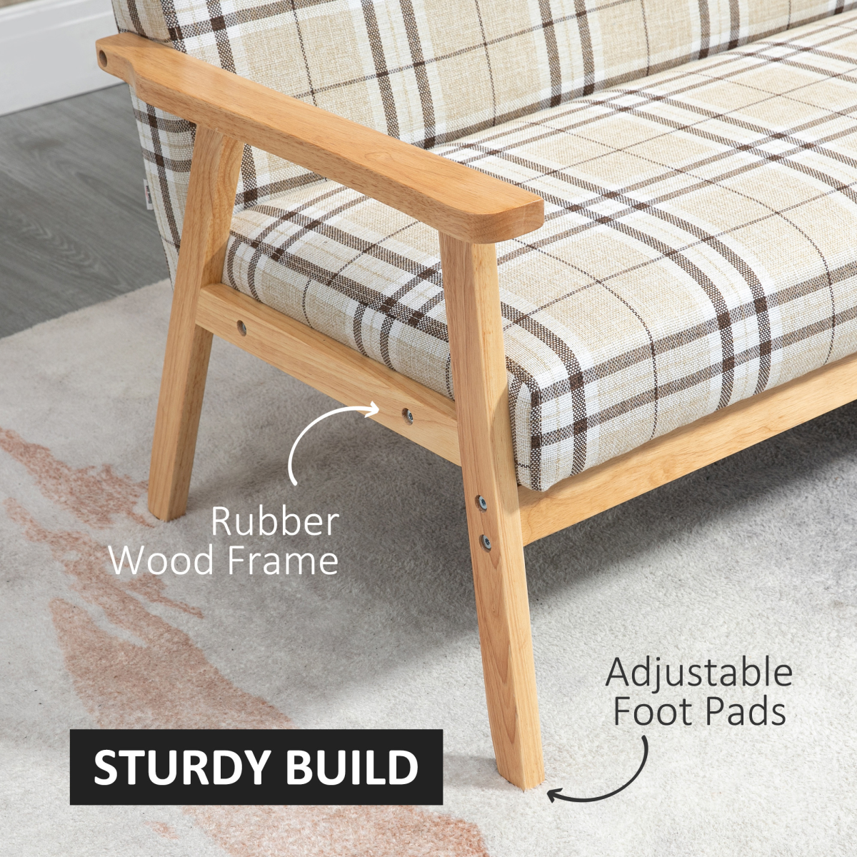 HOMCOM 2 Seater Linen-Look Loveseat Sofa with Rubber Wood Frame – Checked Design, Compact Small Sofa