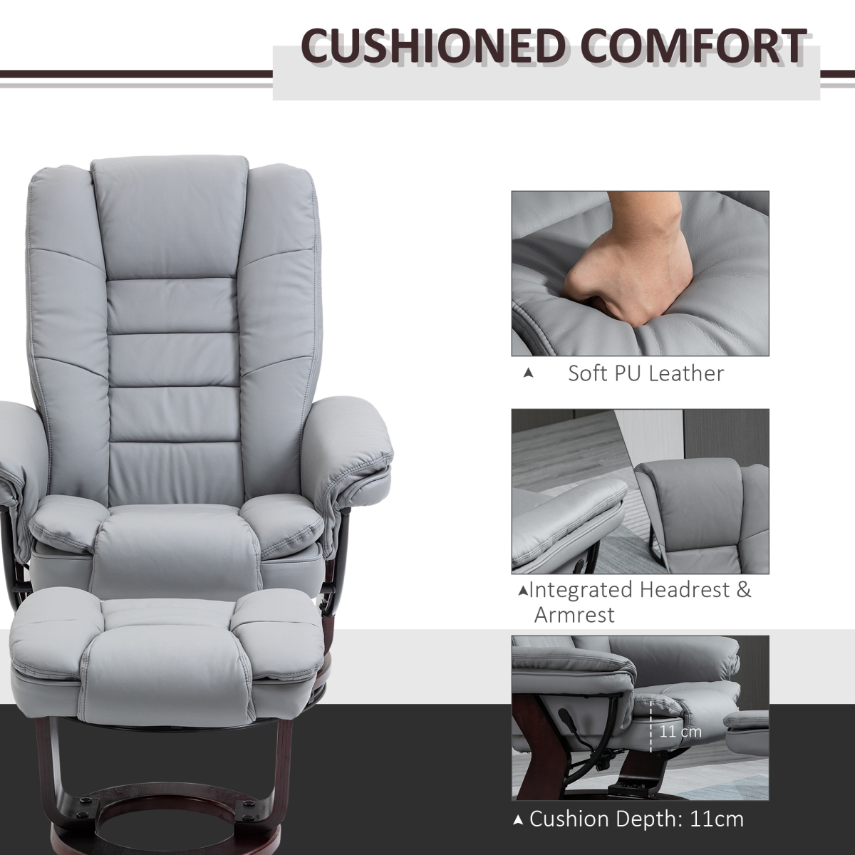 Swivel Manual Recliner & Footrest Set – 135° Recline PU Leather Lounge Chair with Wooden Base, Grey