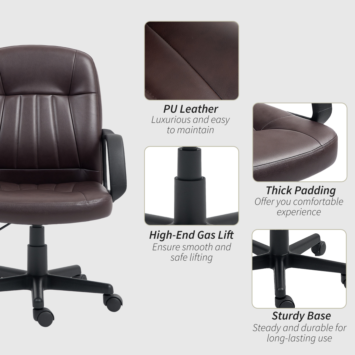 HOMCOM PU Leather Mid-Back Swivel Office Chair with 360° Swivel & Five Castors – Home Office Desk Chair, Dark Brown