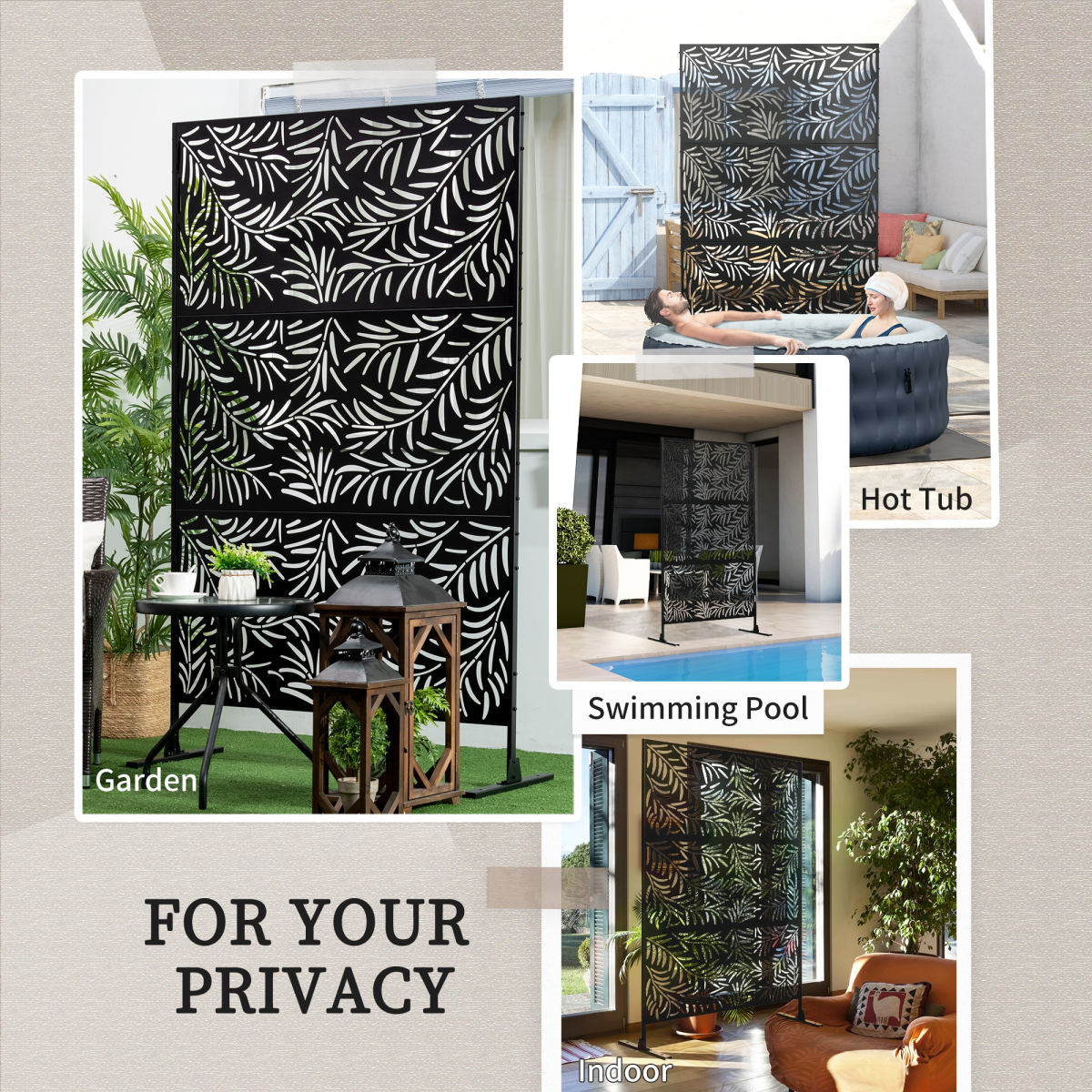 Outsunny 6.5ft Metal Garden Privacy Screen with Leaf Cut-Out Design & Ground Stakes – Freestanding Divider