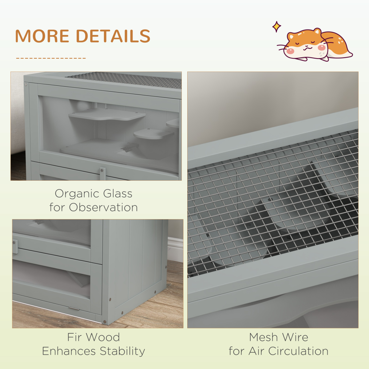PawHut 2-Level Wooden Hamster Cage with Platforms, Ramp & Openable Mesh Roof – Small Animal Hutch, Grey
