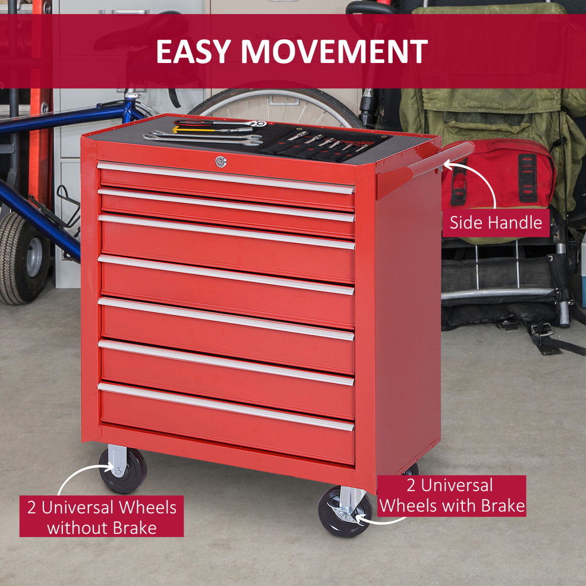DURHAND 7-Drawer Rolling Tool Cabinet with Top Storage Compartment – Steel Workshop Chest, Red