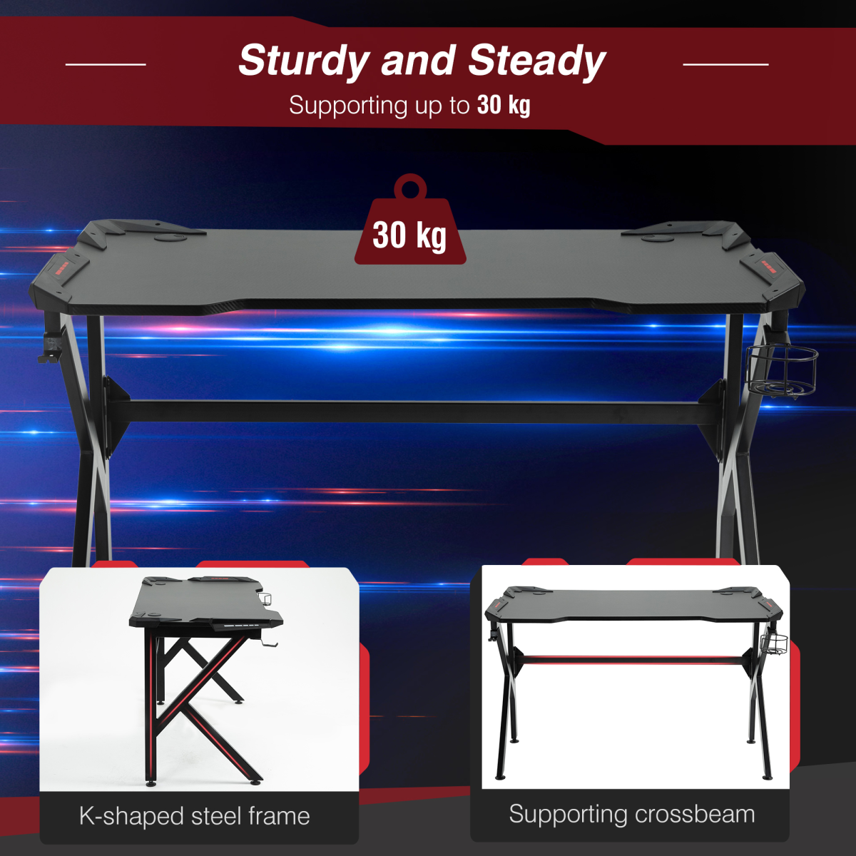 HOMCOM Gaming Desk with Steel K-Frame, Cup Holder, Headphone Hook and Cable Management – 120cm Racing PC Desk
