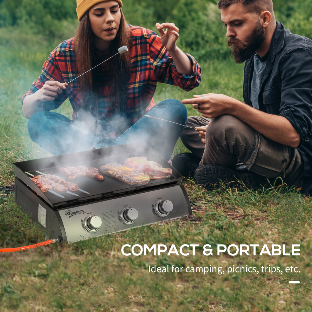 Outsunny Portable Gas Plancha BBQ Grill with 3 Stainless Steel Burners, 9kW – Non-Stick Hotplate