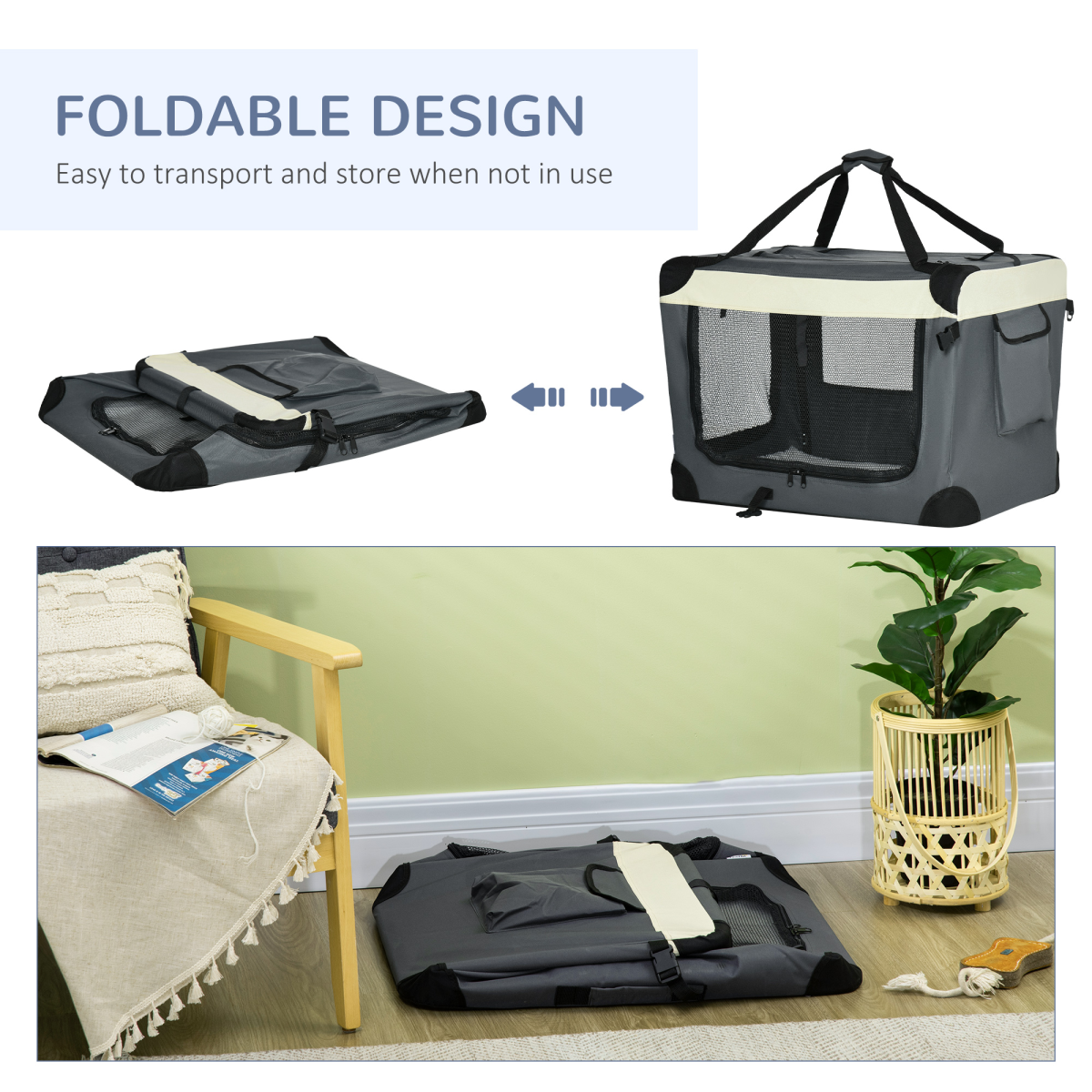 Pawhut 70cm Foldable Pet Carrier with Cushion, 3 Doors & Mesh Windows – For Mini Dogs and Cats, Grey