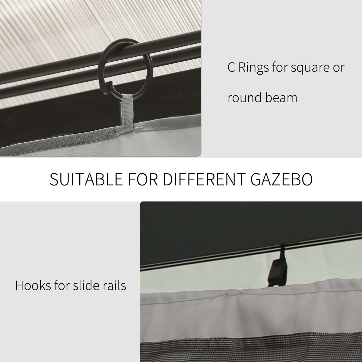 Outsunny 3 x 3m Gazebo Replacement Sidewall Set with Hooks & C-Rings – 4 Panels, Light Grey