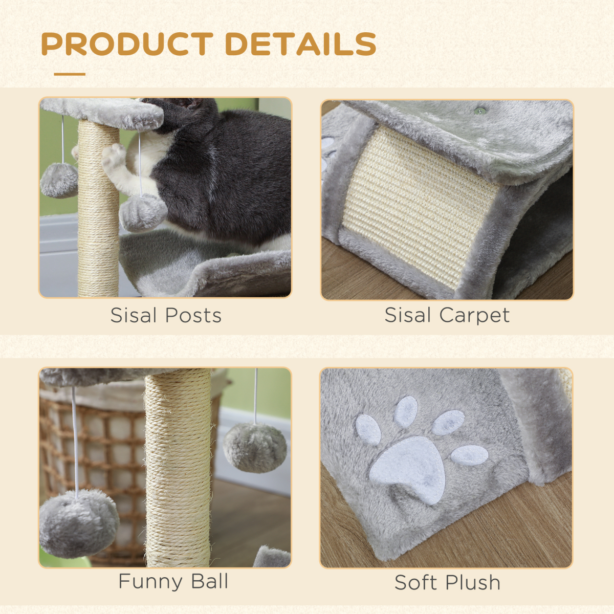 Pawhut Small Cat Tree with Rotatable Pole, Tunnel, Scratching Bridge and Dangling Balls – Plush Indoor Play Centre