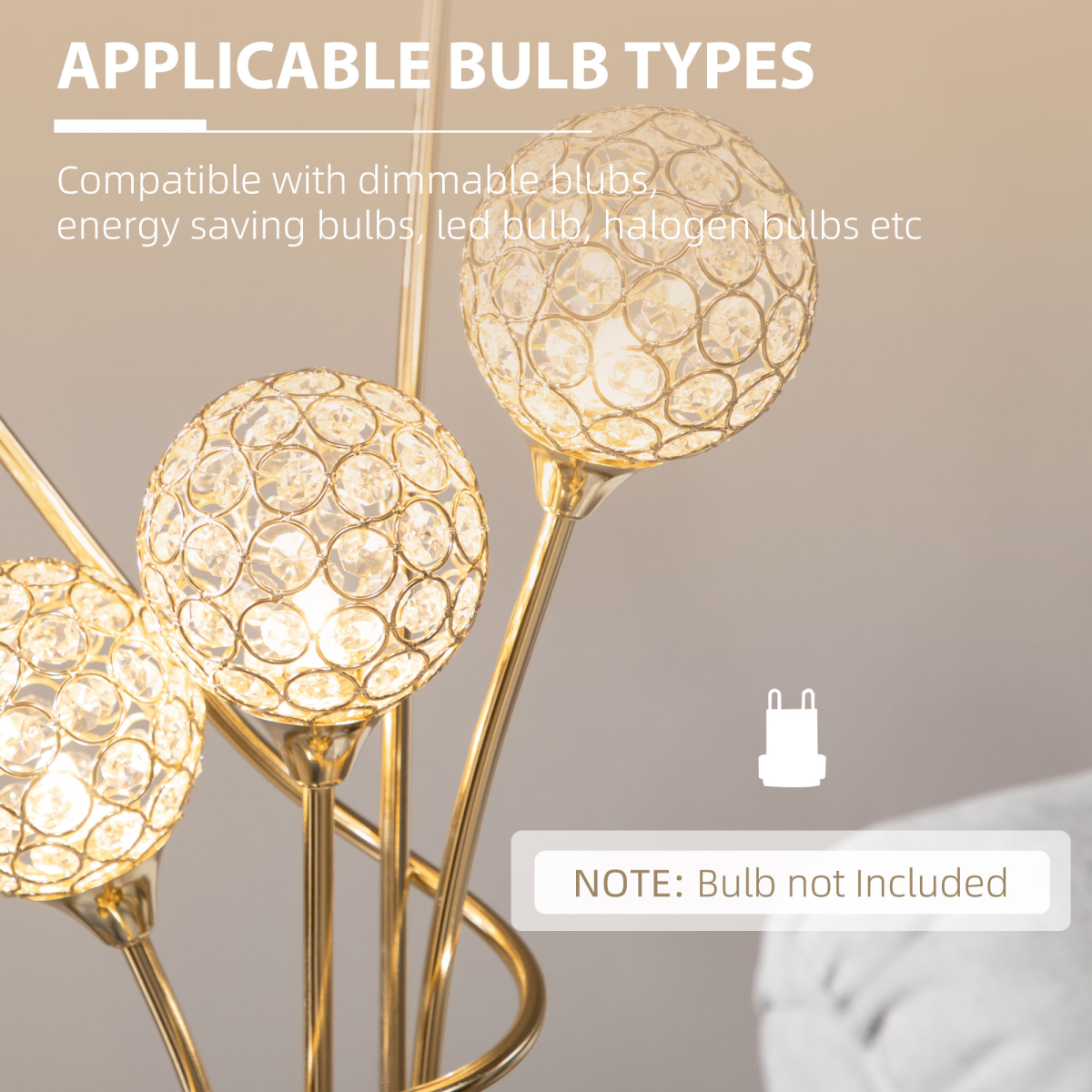 HOMCOM K9 Crystal 5-Light Upright Floor Lamp with Bead-Filled Shades – Glamorous Statement Lighting, Gold
