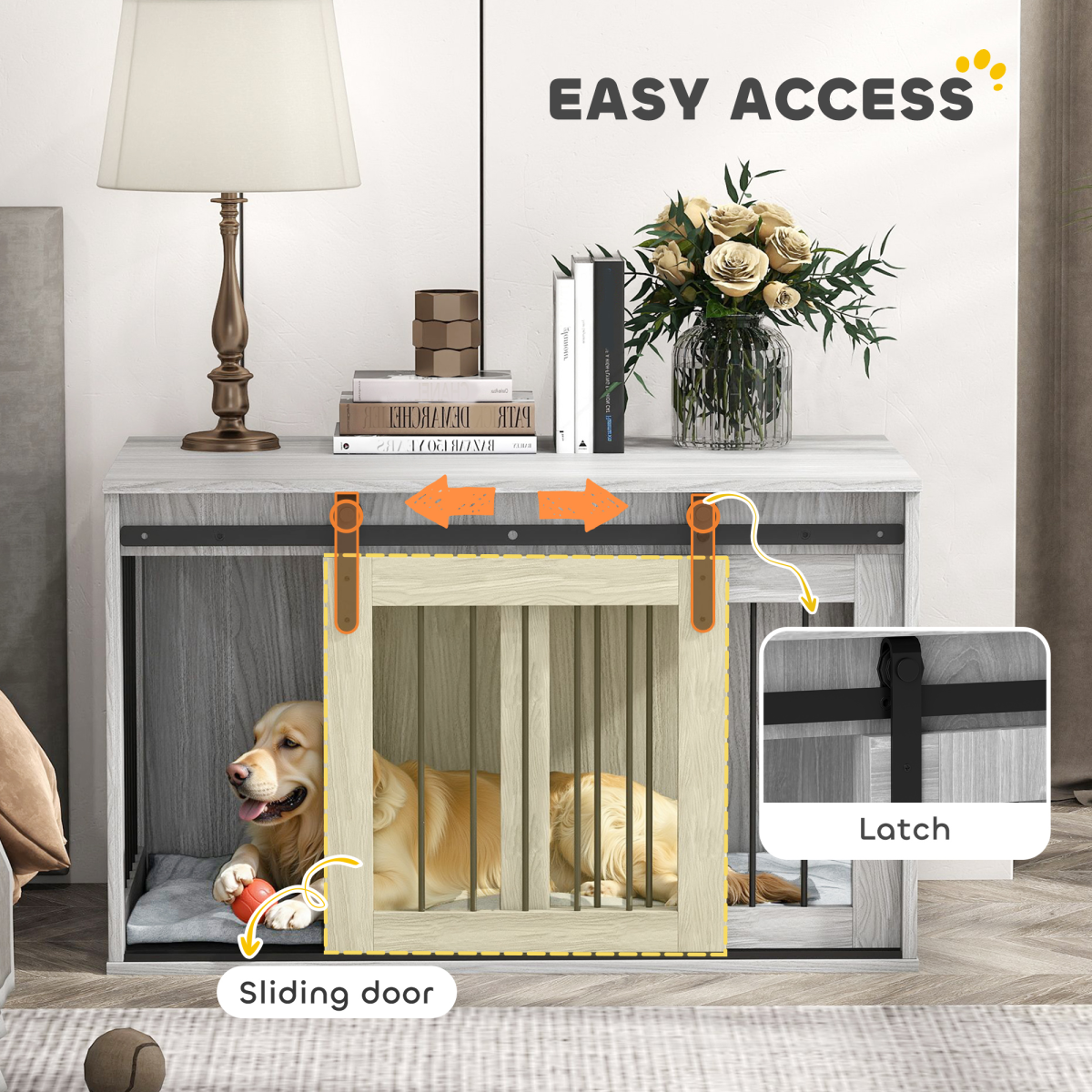 PawHut Dog Crate Furniture with Removable Cushion and Barn Door Design – Side Table Kennel for Large Dogs, Grey