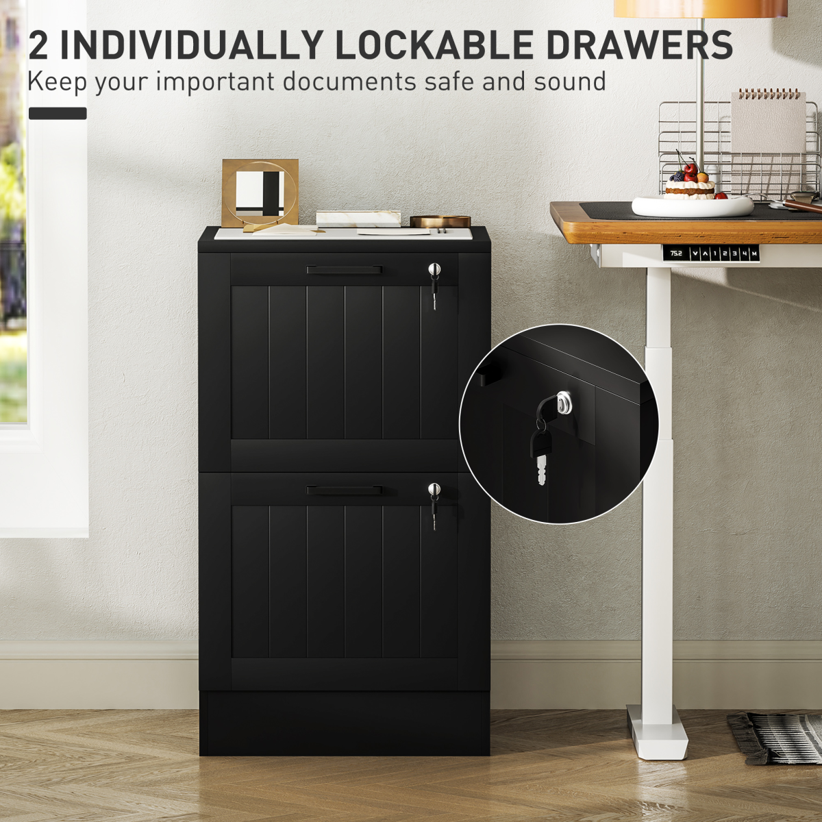 HOMCOM 2 Drawer File Cabinet with Lock and Adjustable Hanging Bars – A4 and Letter Document Storage, Black