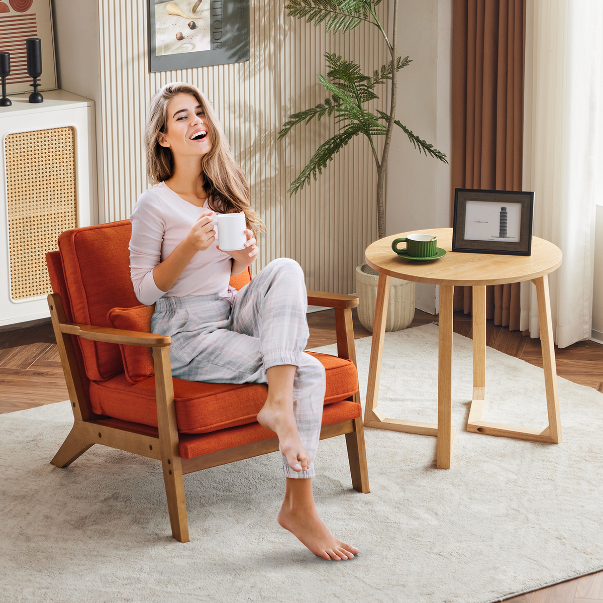 Mid-Century Modern Oak Frame Accent Chair with Linen-Cotton Upholstery – Retro Lounge Armchair, Burnt Orange