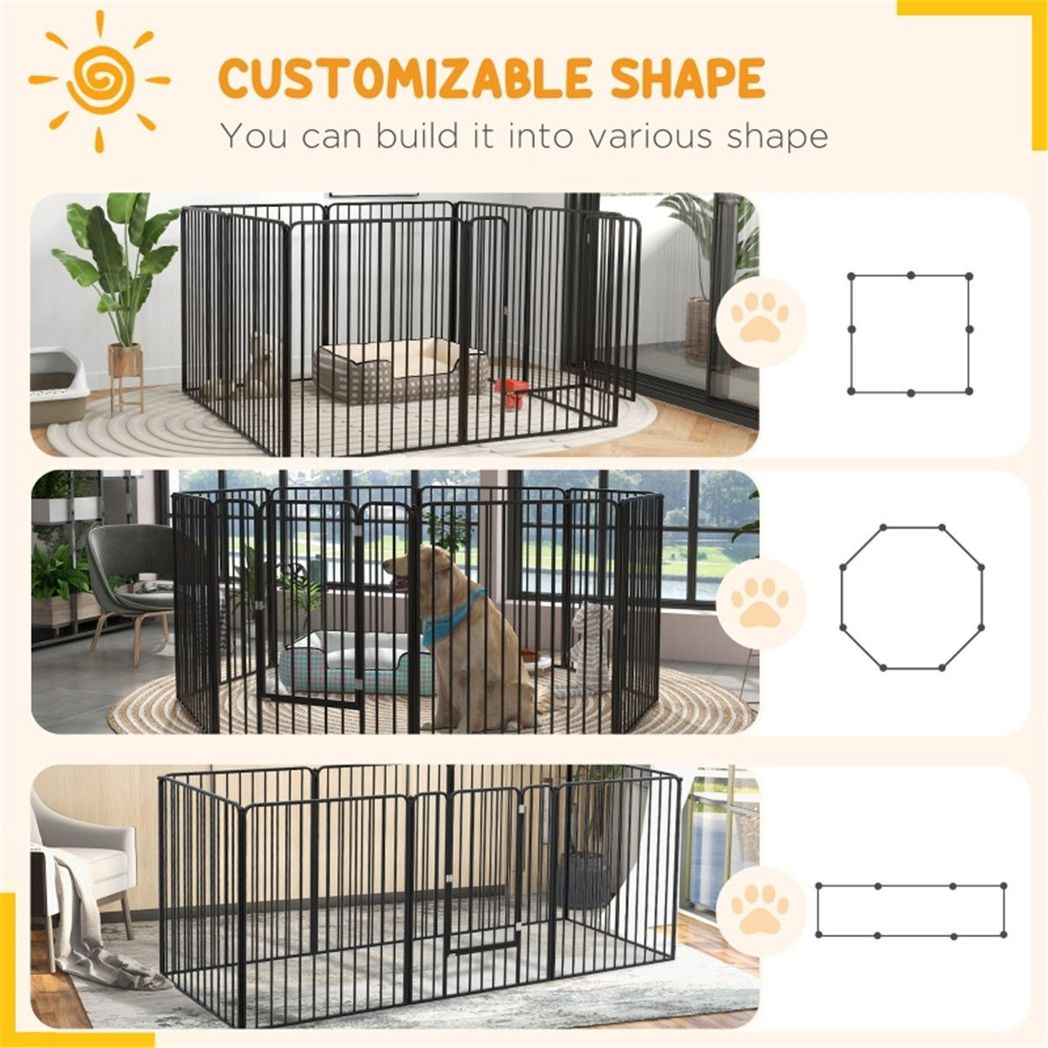 Steel Dog Crate Playpen with 8 Reshapeable Panels and 9 Ground Stakes – Indoor and Outdoor Pet Pen, Black