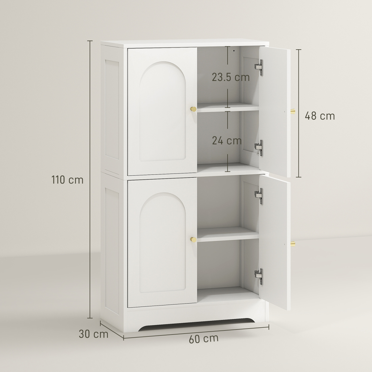 Kitchen Storage Cabinet with Arched Doors & Adjustable Shelves – Freestanding Sideboard Cupboard, White