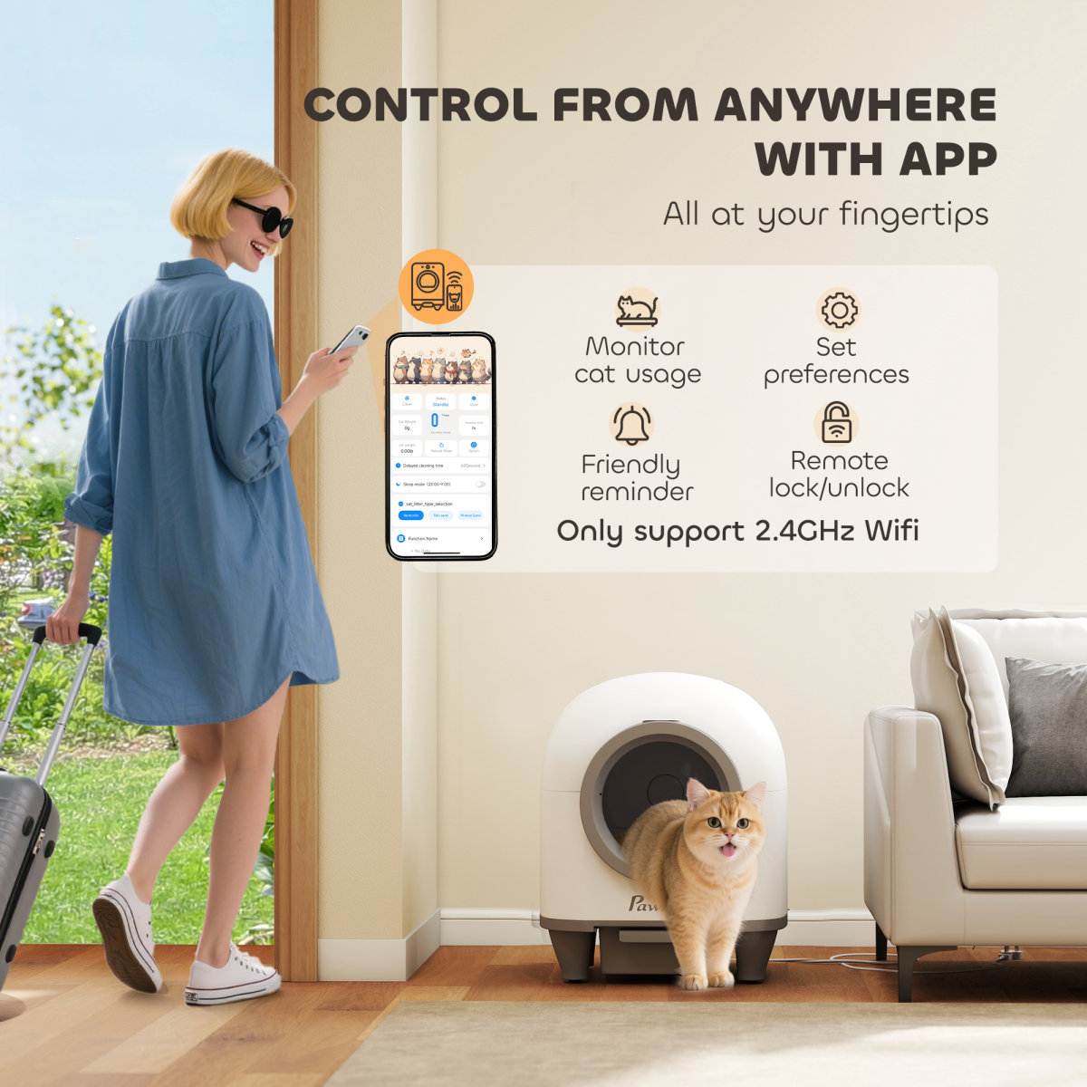 Self-Cleaning Cat Litter Box with App Control, 12 Safety Sensors & 80L Capacity – Automatic Scooping, White & Grey