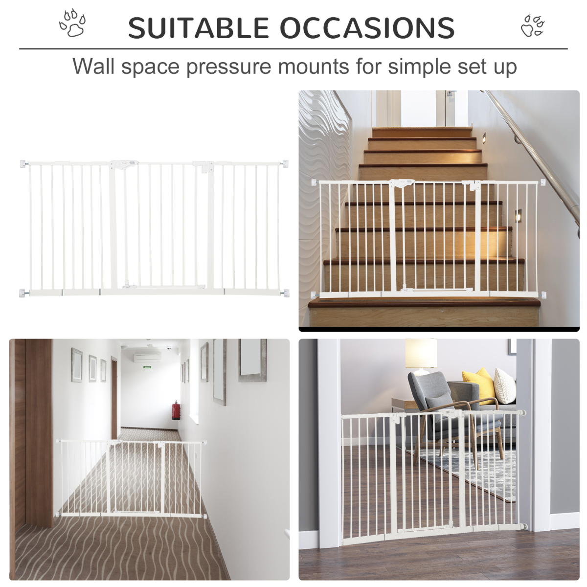 Pawhut Adjustable Metal Pet Safety Gate with 3 Extensions & Auto-Close Door – Double Lock, White