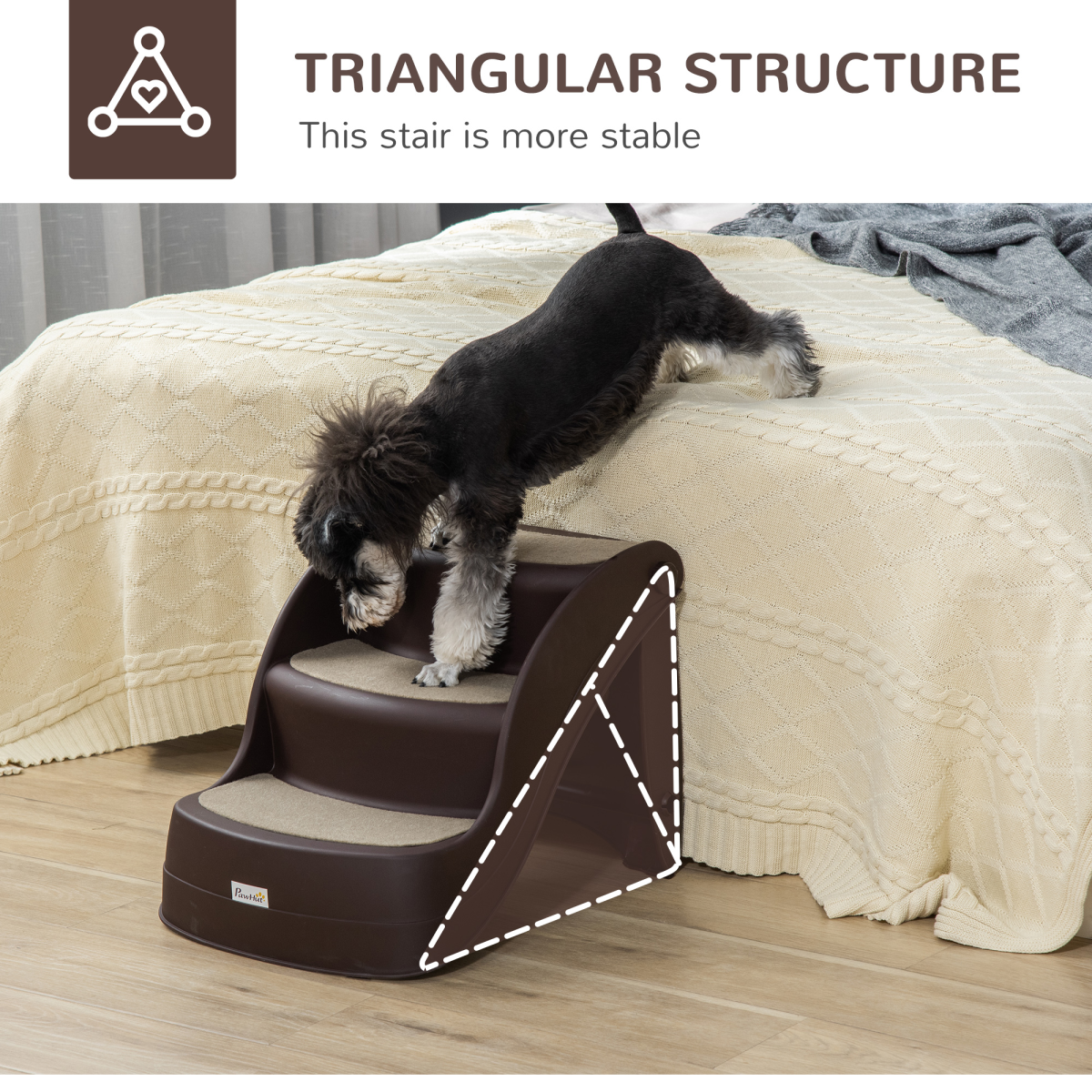 Portable Dog Steps with Non-Slip Feet and Carpeted 3-Step Design – Foldable Pet Stairs for Beds, Brown